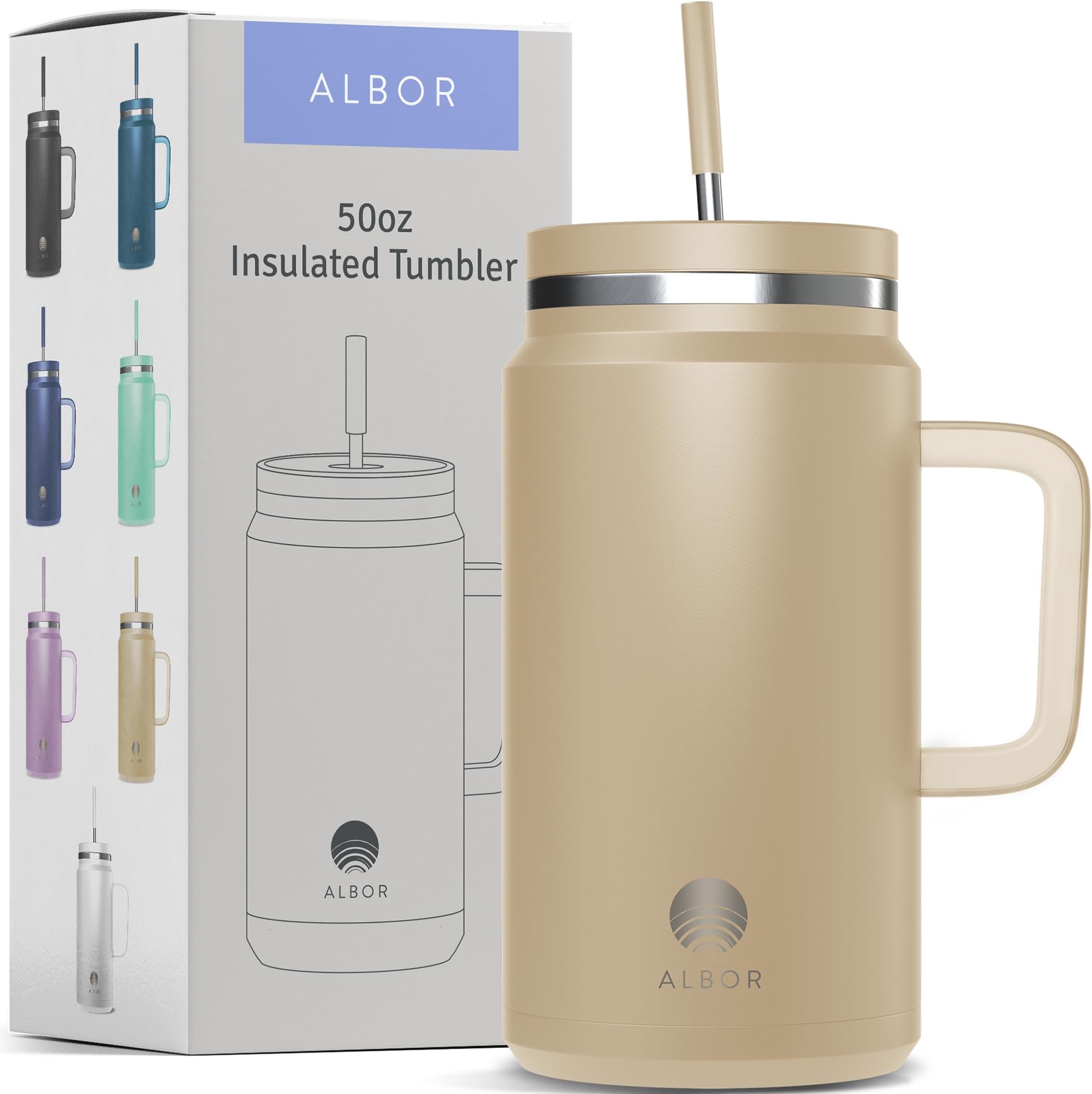 ALBOR 50 oz Tumbler With Lid and Straw, Leak Proof Durable Stainless Steel Insulated Tumbler With Handle, Spill Proof Water Bottles With Straw (Sand, 50 oz)