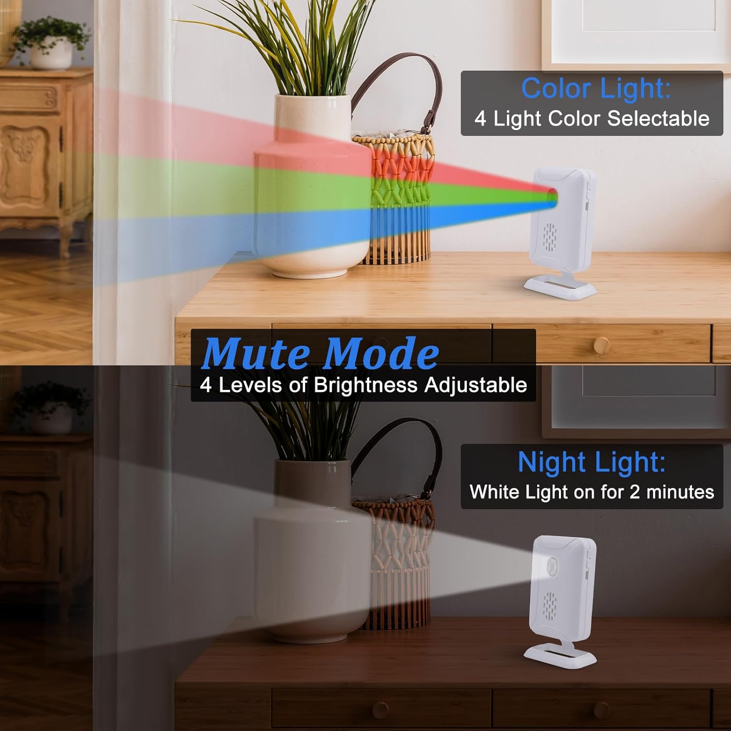 NineLeaf Door Entry Chime showing Color Light mode, Mute Mode with brightness adjustment, and Night Light mode.