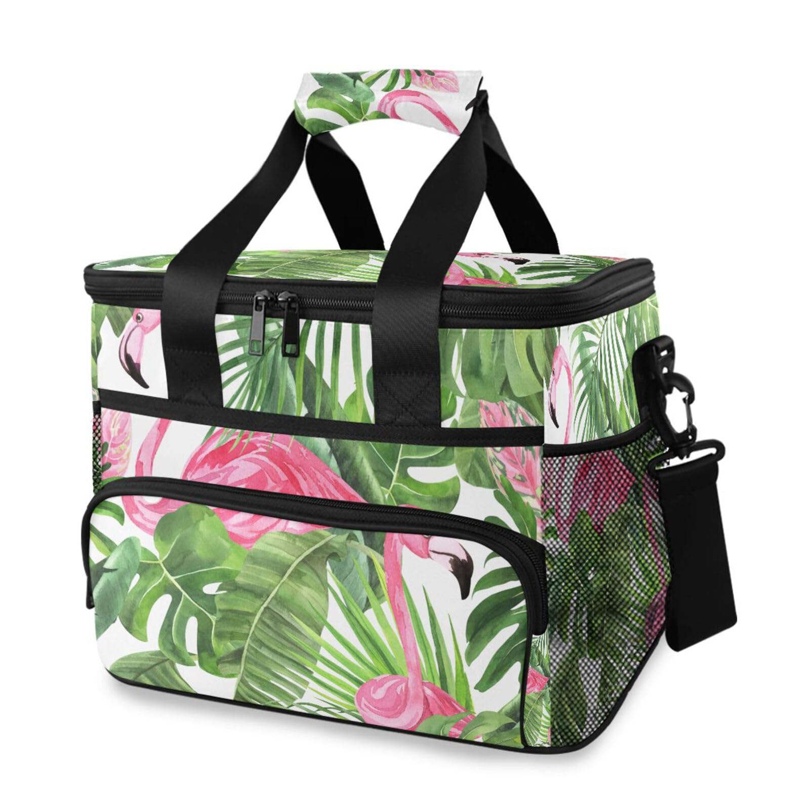 Bolsa térmica con diseño de flamenco rosa con hojas tropicales en color blanco, bolsa térmica grande para picnic, lonchera reutilizable, bolsa de mano portátil de lados suaves, enfriador de playa,