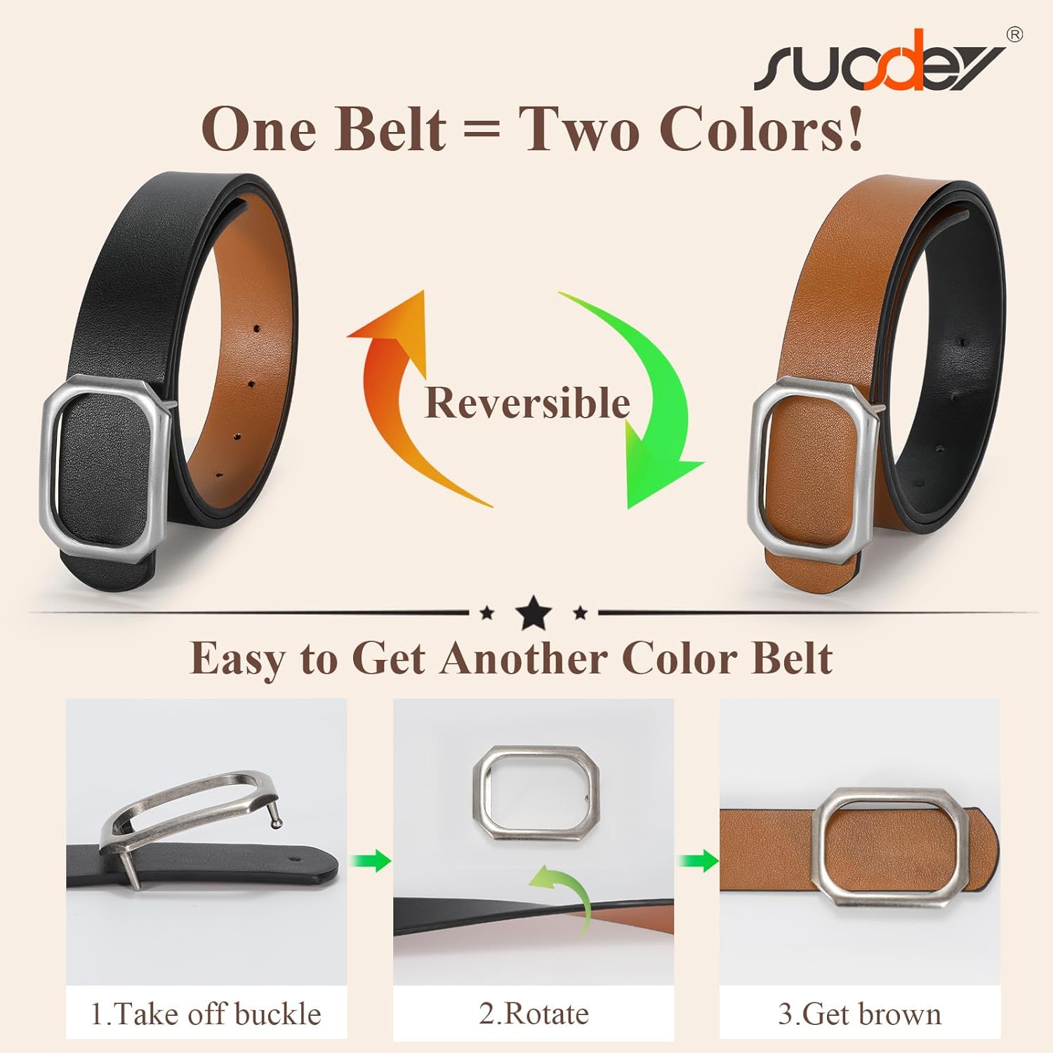 SUOSDEY Women Reversible Leather Belt for Jeans Pants Dresses Ladies Waist Belt, 1.3" Width - Image 3
