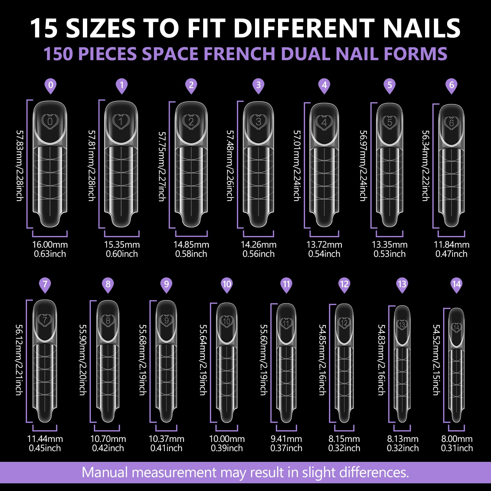 TOROKOM Formy 3D Space French Dual Nail Forms, 150 sztuk francuskich form przedłużających paznokcie, 15 rozmiarów, wielokrotnego użytku, do żelu, żelu budowlanego, przedłużania paznokci DIY i studia