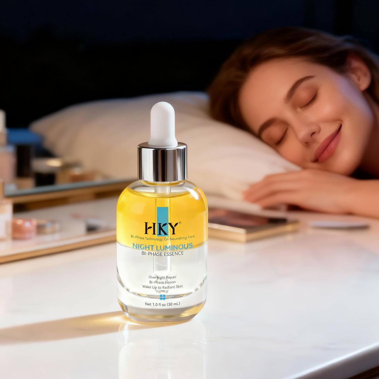 HKY Night Luminous Bi-Phase Essence - Probiotic Face Serum with Lactobacillus & Centella - Overnight Repair Ampoule for Glowing Skin - Hydrating Oil-Infused Formula for Dry & Dull Skin