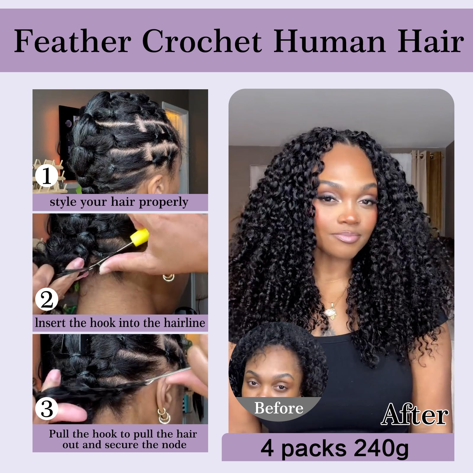 Cheveux humains bouclés bouclés au crochet - Plumes sans nœuds - 60 g