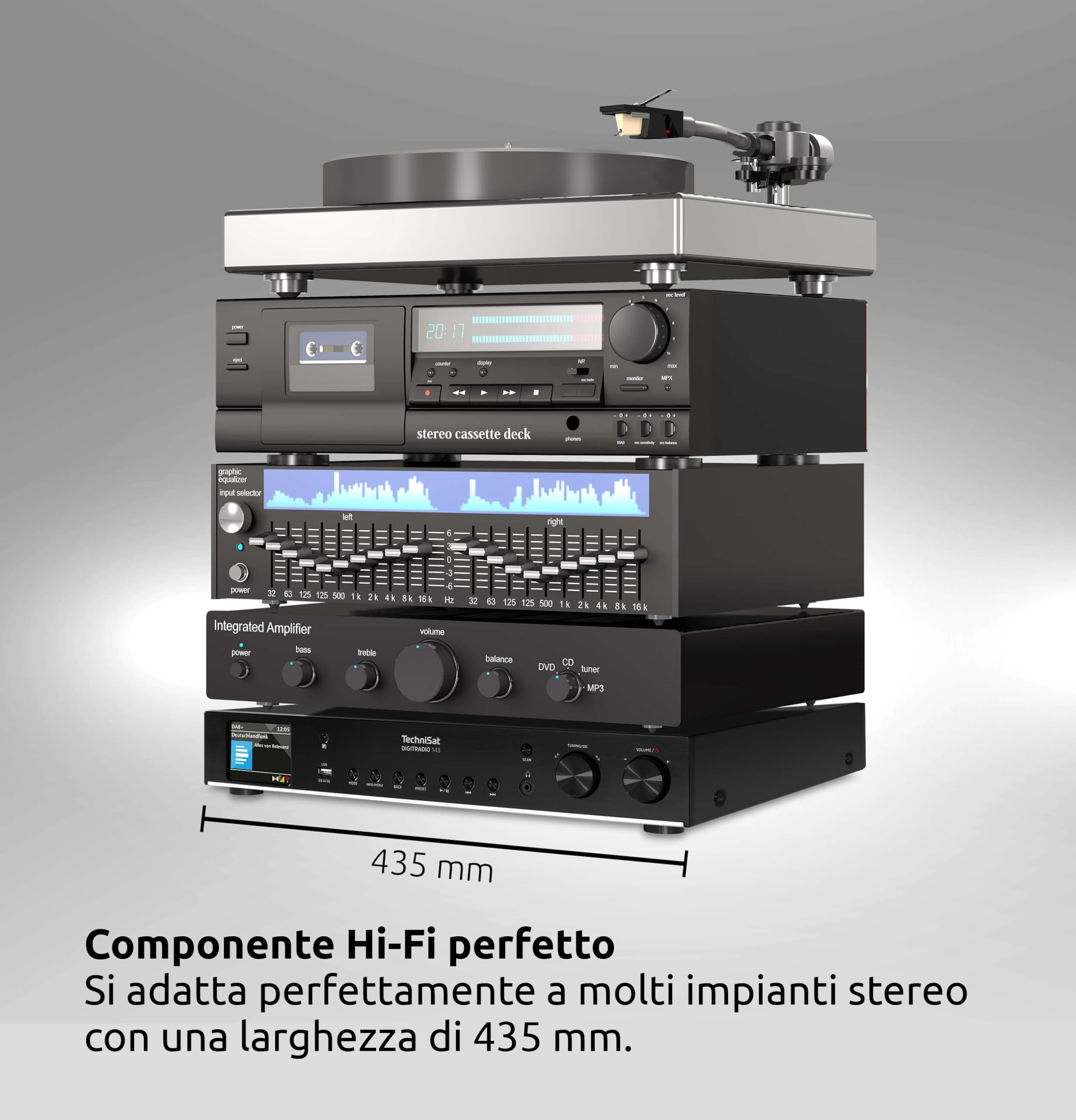 TechniSat DIGITRADIO 143 (V3) - Sintonizzatore HiFi per Internet Radio (Radio Digitale DAB+, Streaming Audio Bluetooth, Spotify Connect, Antenna telescopica, Telecomando, Larghezza 43,5 cm) nero