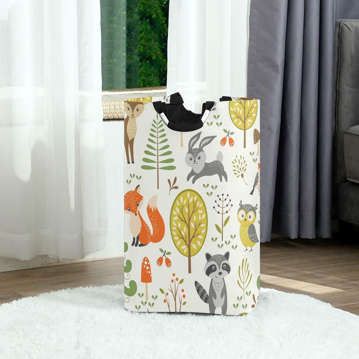 Bolaz Laundry Hamper Bucket Cute Woodland Animals Trees Mushrooms Berries Collapses Laundry Basket Washing Bin for Home Organizer Nursery Storage Baby Hamper Kids Room