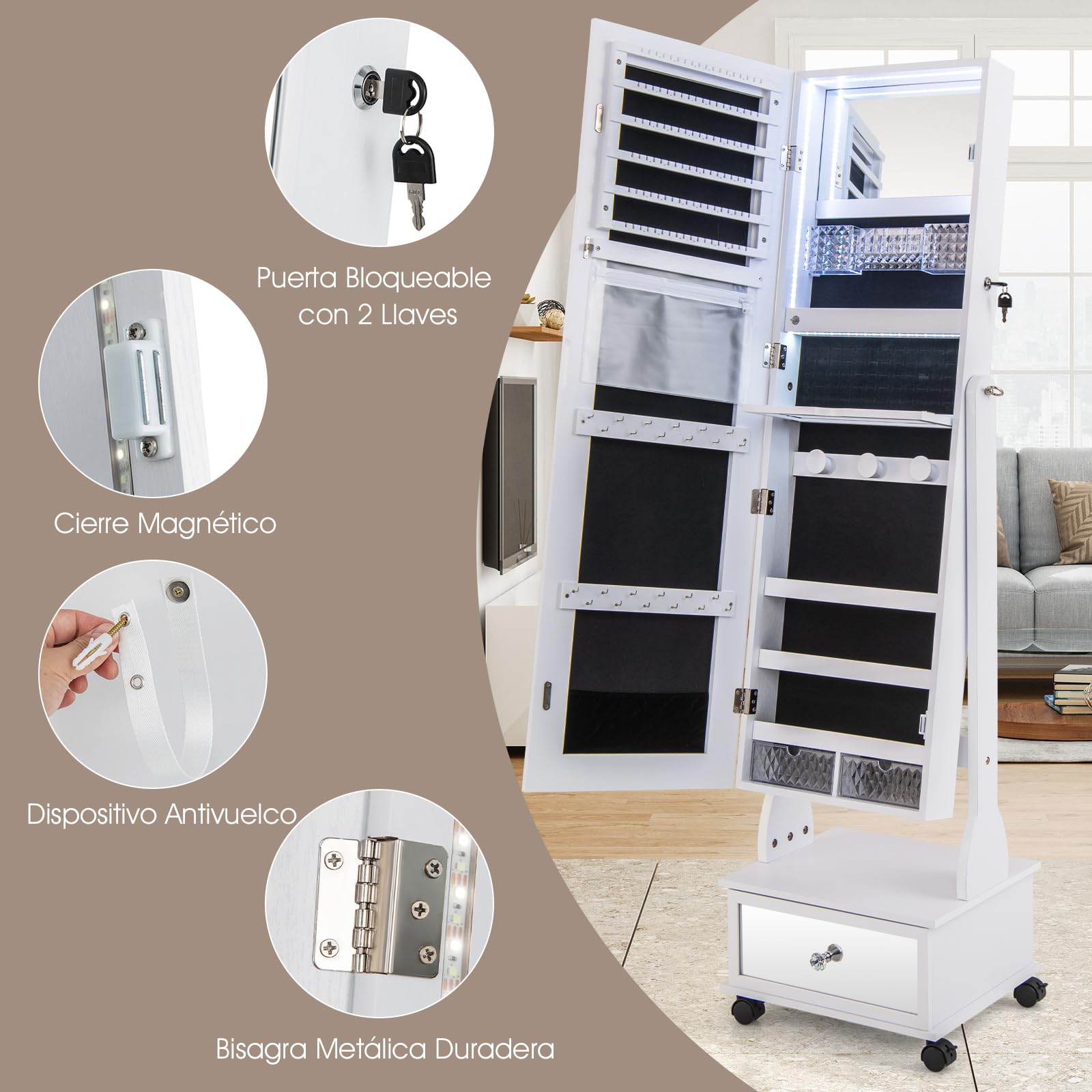 COSTWAY Armario para Joyas, Espejo Joyero de Pie Con Luces LED de 3 Colores, Espejo de Pie Cuerpo Entero con Cerradura, Cajón y 4 ruedas, Almacenamiento de Joyas Con Espejo de Maquillaje (Blanco)
