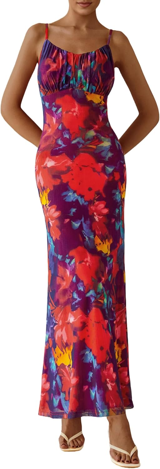 PRETTYGARDEN Women's Floral Bodycon Maxi Dress Summer Beach Sundress Sleeveless Spaghetti Strap Wedding Guest Dress - Image 7