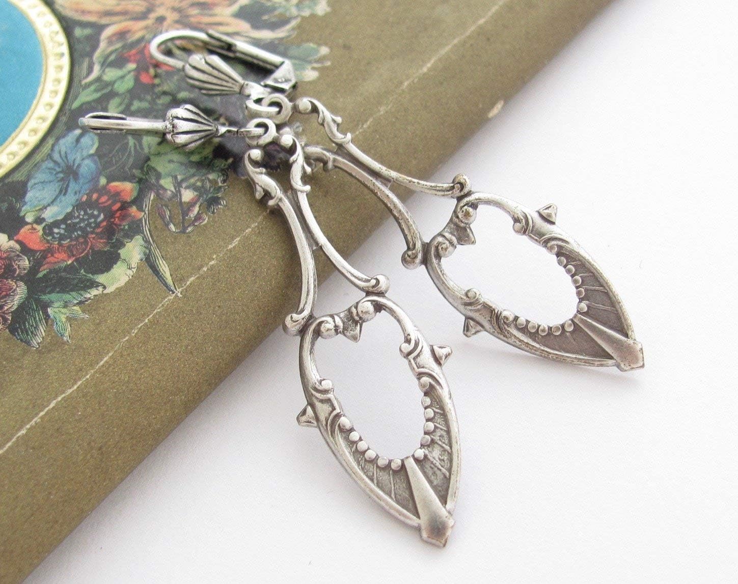 Art Deco Design Earrings Antiqued Silver-tone Dangle Bridesmaid Gift Bridal Wedding