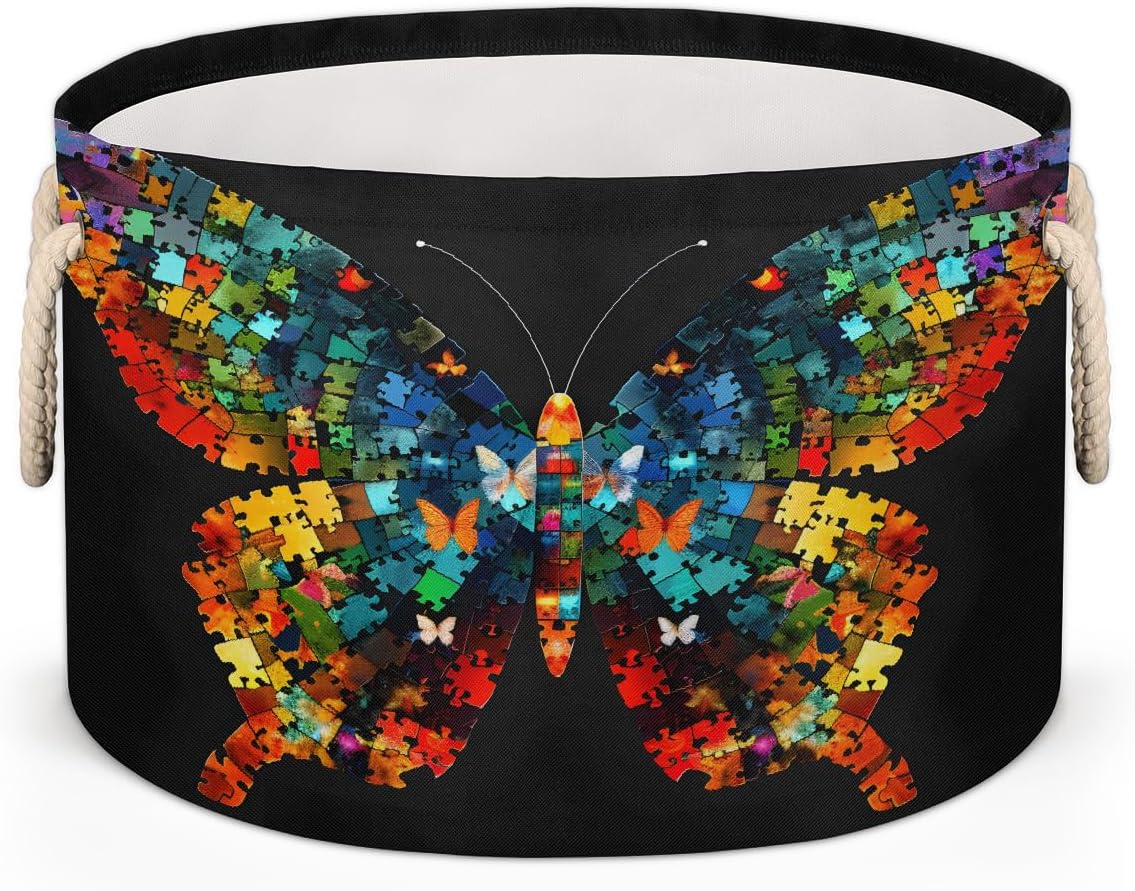 Large Round Laundry Basket Autism Rainbow Butterfly Toy Bins Organizers and Storage for Girls Canvas Collapsible Blanket Storage Basket Laundry Hamper Gift Baskets Bedroom Clothes Children Nursery