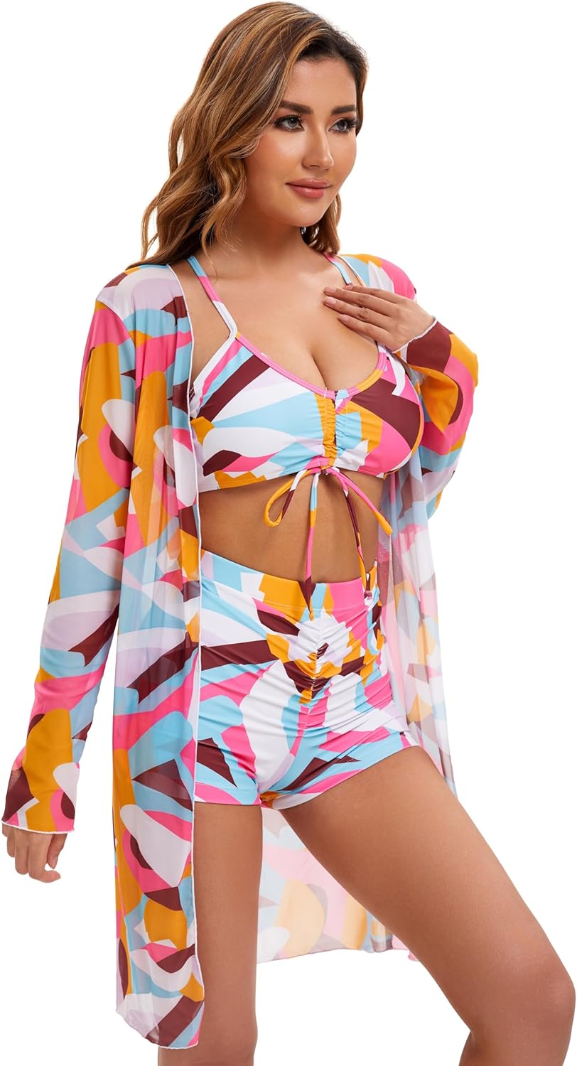 Yknktstc Womens 3 Pieces Bikini Set Swimsuit Tropical Beach Cover up Kimono Swimwear Bathing Suit with Boy Shorts - Image 5