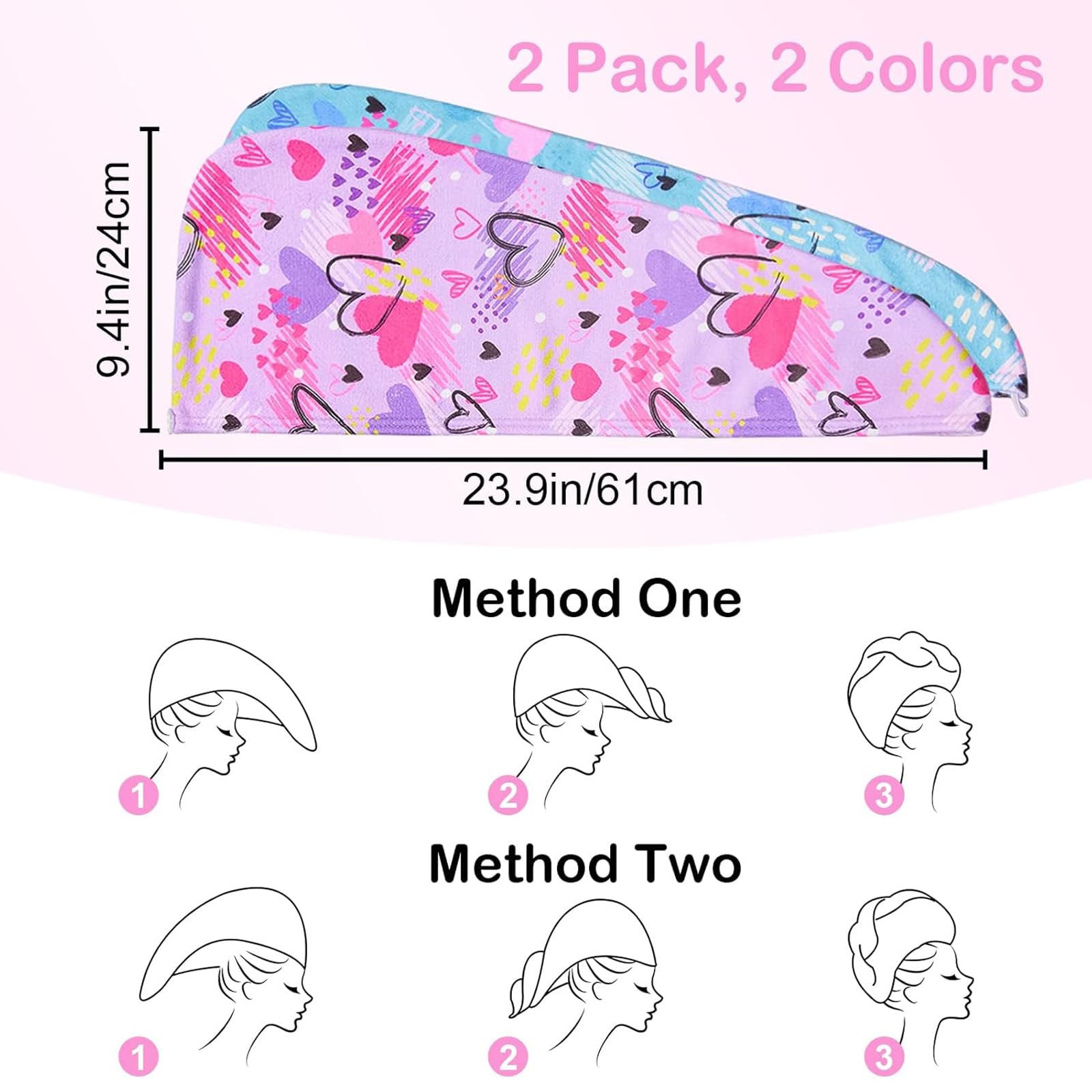 DeBizz 2 pezzi turbante per capelli per bambini, asciugamano per asciugacapelli, in microfibra, ad asciugatura rapida, per donne e ragazze (multicolore)