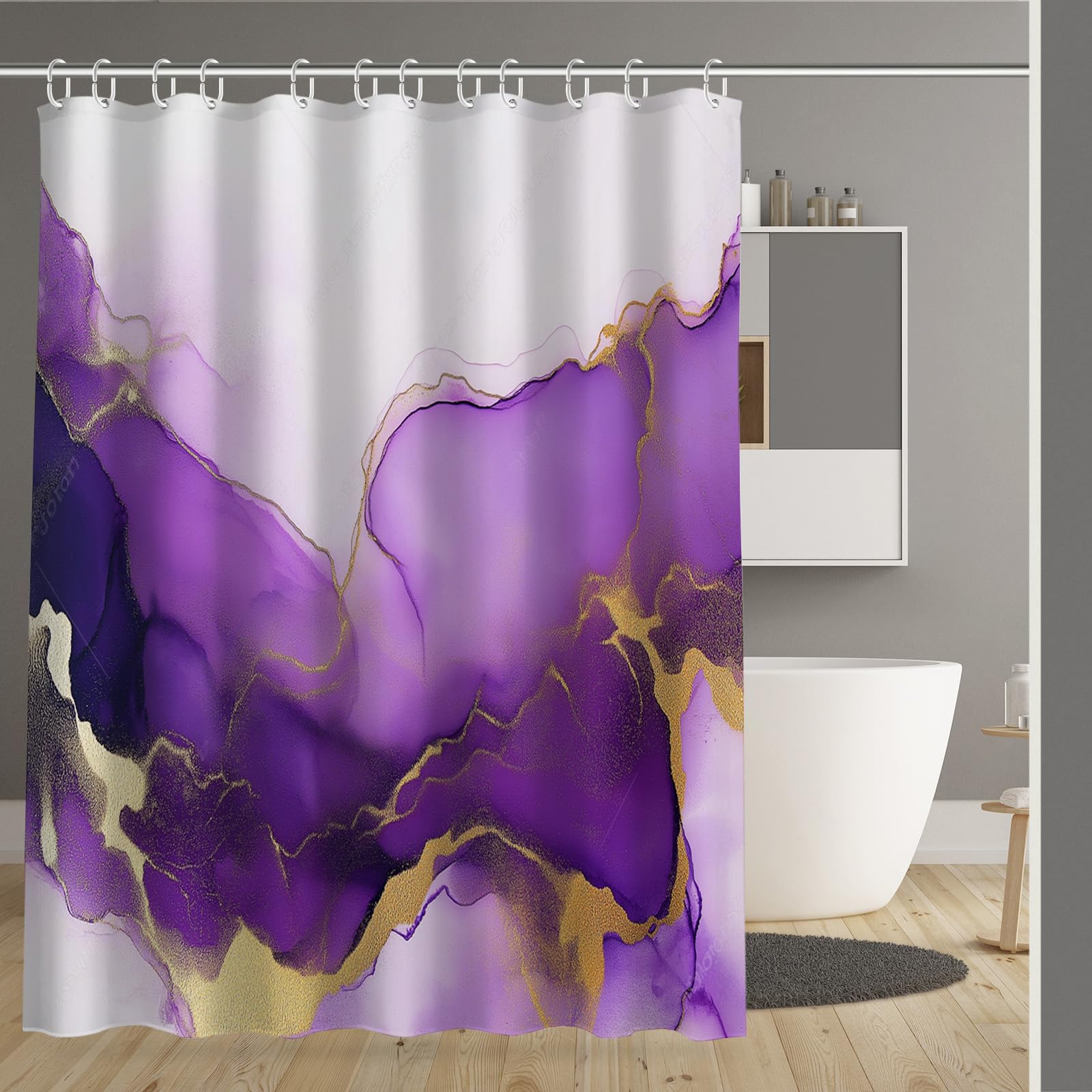 Rideau de douche 180x180 cm violet feuille d'or avec ourlet lesté