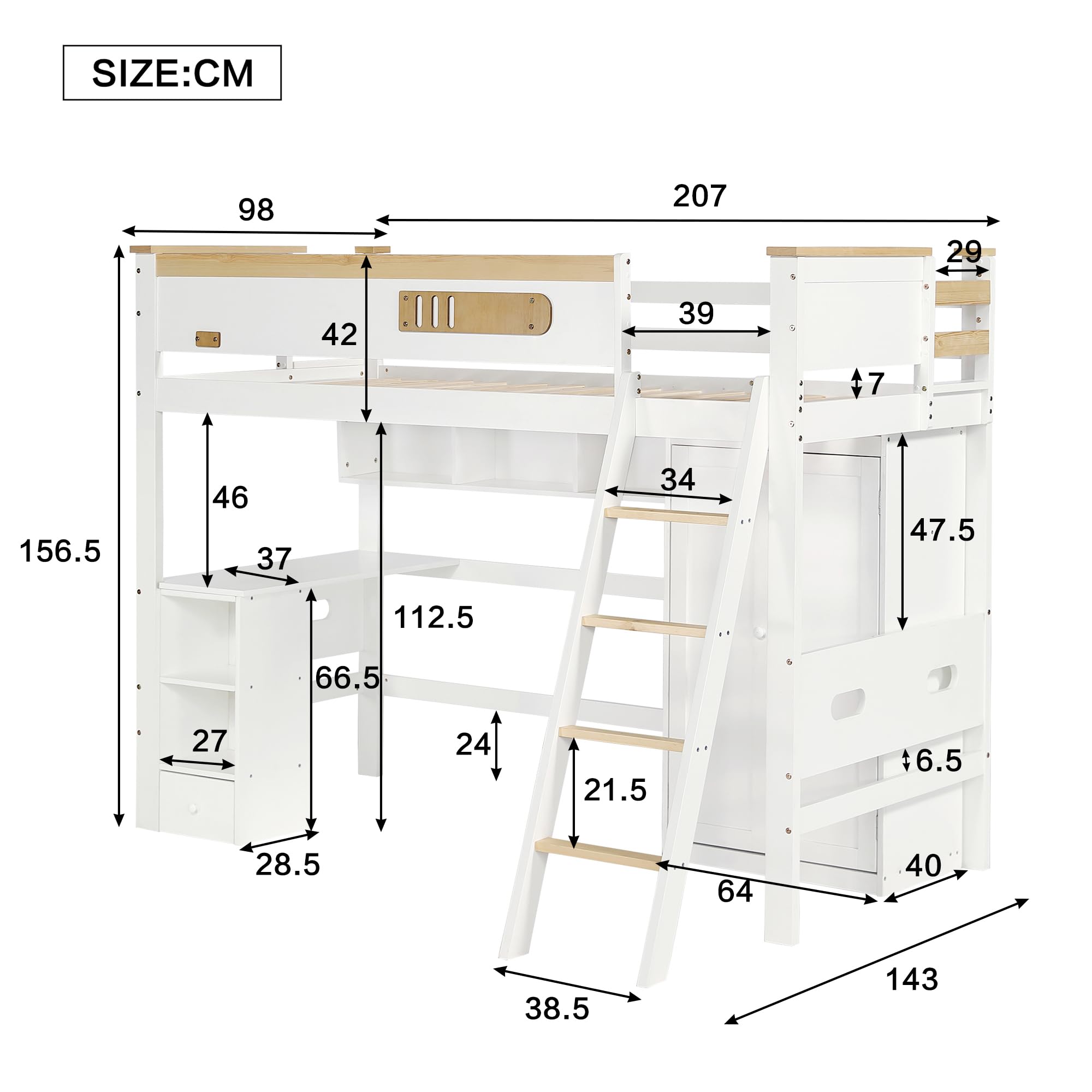 Łóżko piętrowe 90 x 200 cm z biurkiem, szafą na ubrania i otwartym regałem, łóżko dziecięce z czterostopniową drabinką i kratką chroniącą przed upadkiem, dużo miejsca do przechowywania