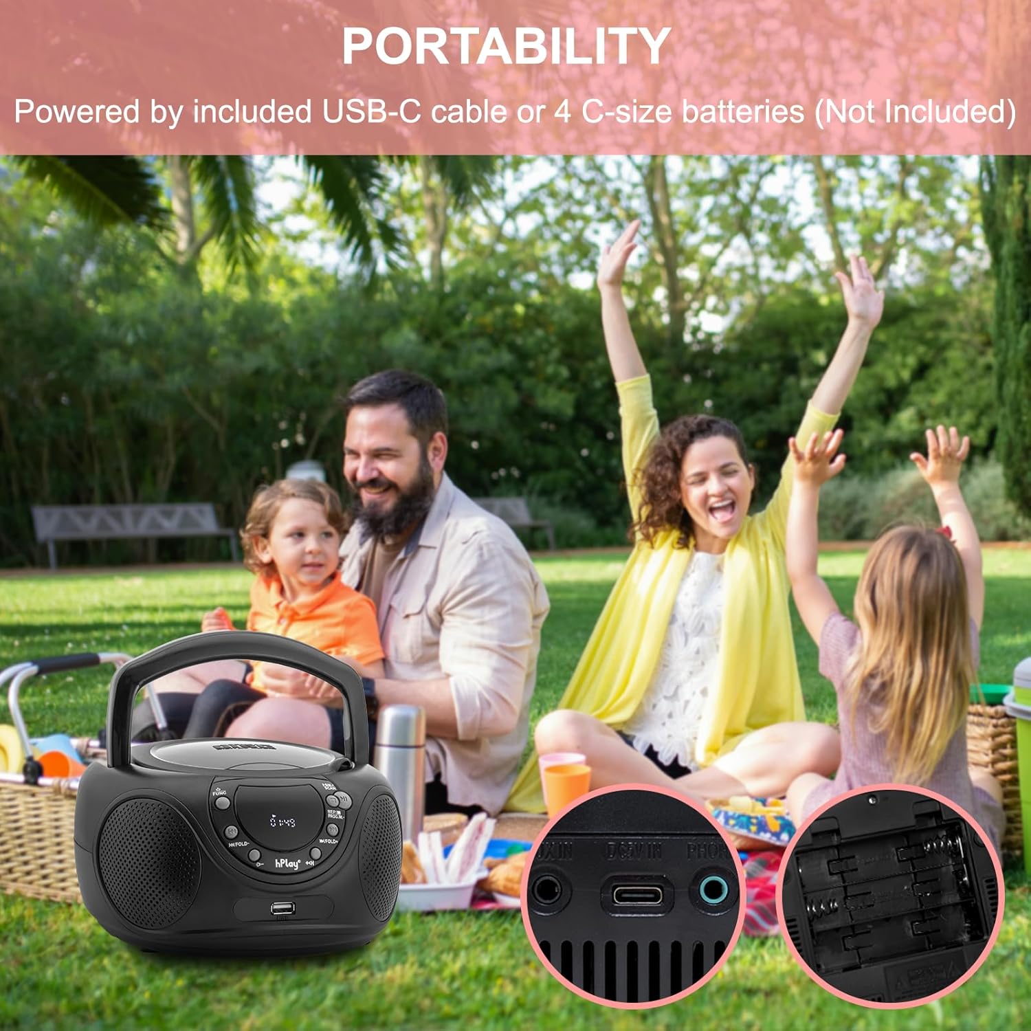 hPlay Portable CD Player Boombox, CD, CDR and MP3-CD, Digital FM Tuning Radio, Bluetooth, USB and Aux Line-in, Headphone Jack & Foldable Handle - Compact AC or Battery Powered Audio Player (Black)