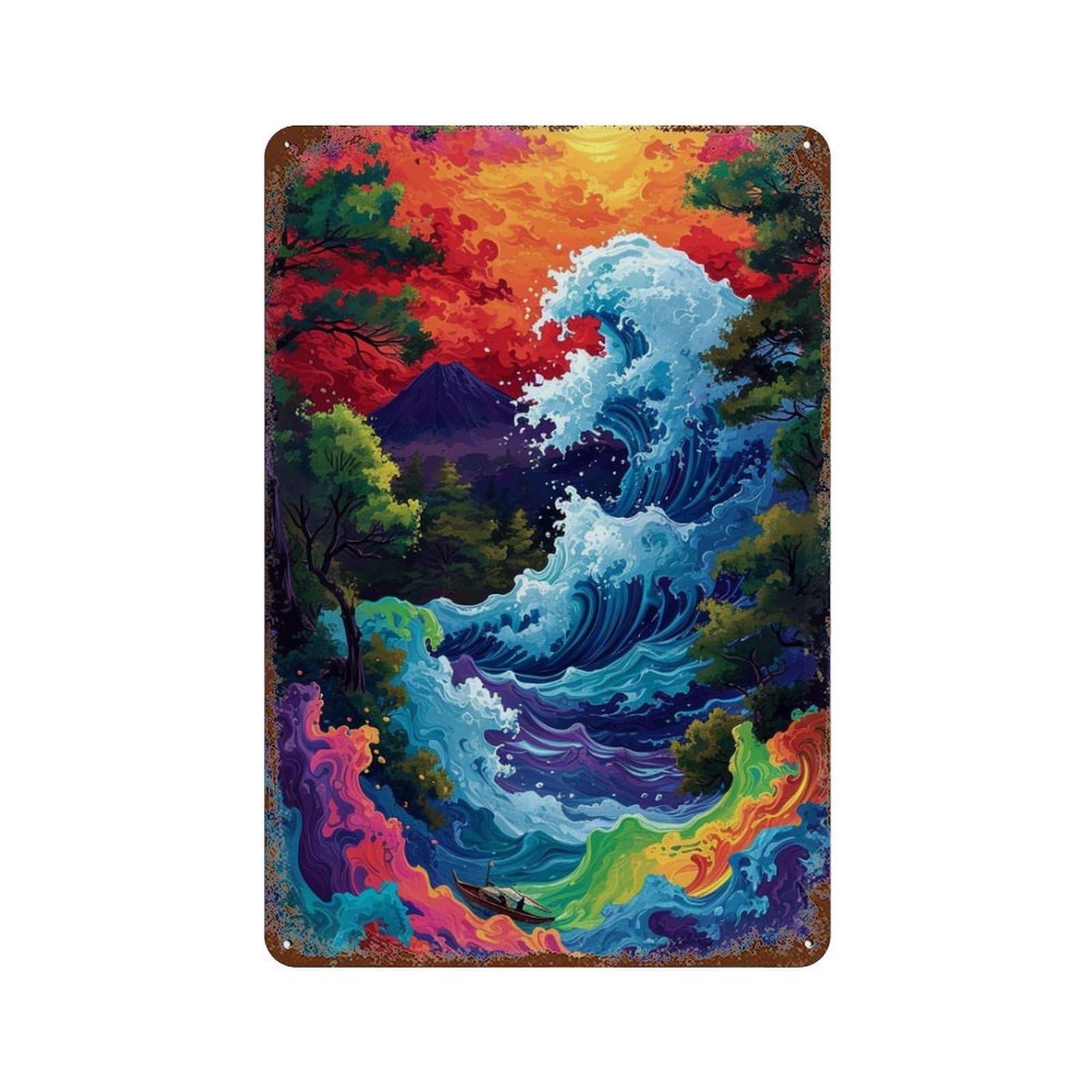 Colorful Ocean Waves Painting Weathered Tin Sign 11.8"x7.9", Farmhouse Wall Decor for Garage, Pub Or Kitchen