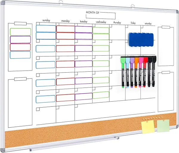 Dry Erase Calendar Whiteboard CorkBoard for Wall, 36" x 24" Large Magnetic Calendar White Board with Moving Soft Magnetic Tile - Do Not Require Wiping for Home, School, Office