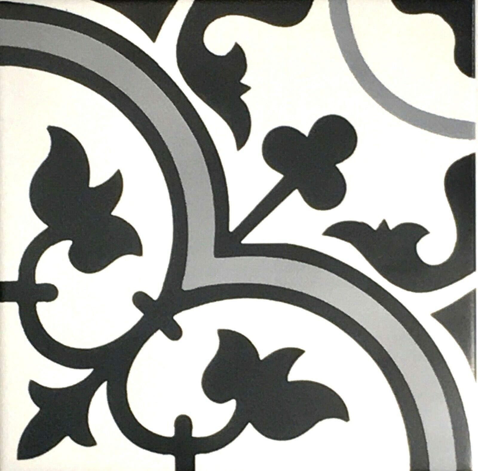 8x8 Flora Gray Black White Encaustic Design Satin Glaze Ceramic (1 Piece Order)