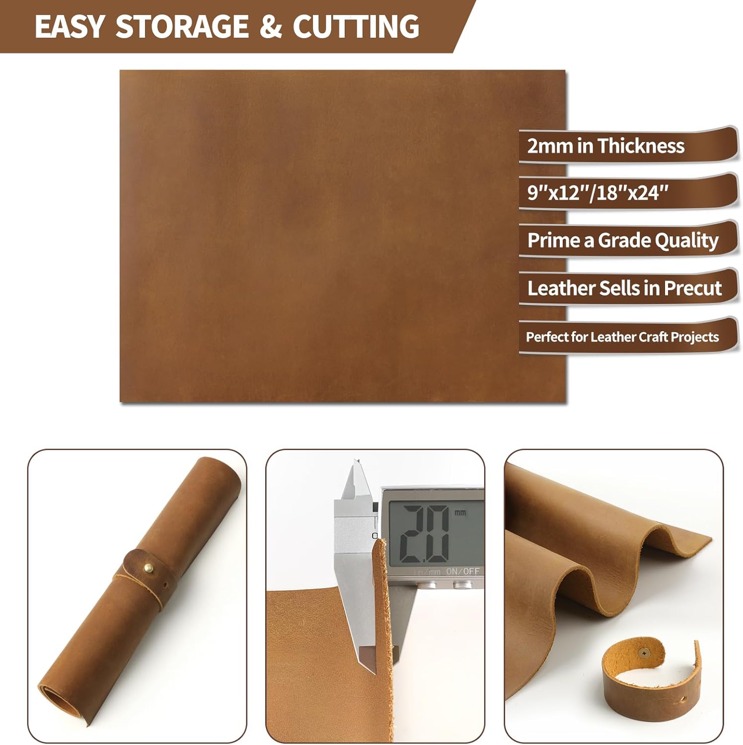 Jack&Chris 18"x24" Genuine Leather Sheet, Thick 1.8-2.0MM Crazy Horse Cowhide, Square Full Grain Leather Sheets for Crafts Sewing Tooling Hobby Workshop, Yellow Brown