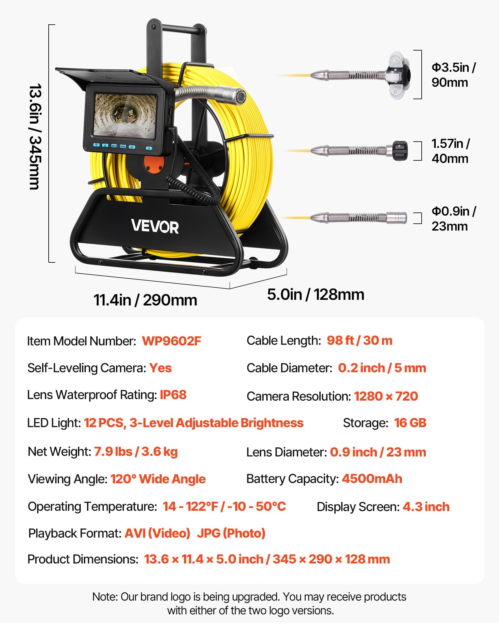 VEVOR Kamera kontrolna, rurociąg 30 m, samopoziomująca kamera endoskopowa, ekran HD, 11 cm, endoskop, rurociąg do kanalizacji, wodoszczelność IP68, 12 diod LED, 4500 mAh, karta SD 16 GB