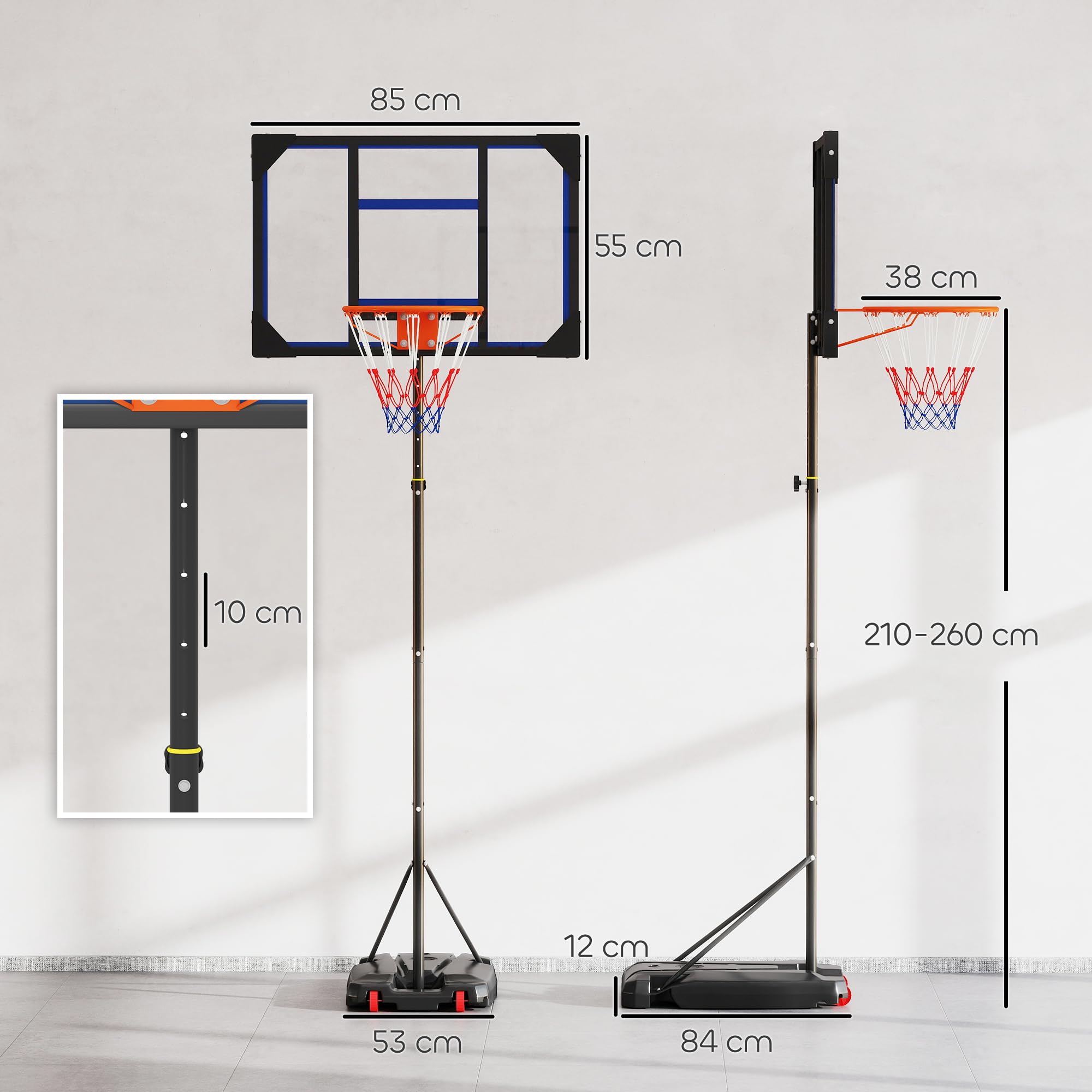 AIYAPLAY Panier de Basket, Hauteur réglable de 210-260 cm, Panier de Basket extérieur et intérieur avec Roues, Base de lestage, Cadeau pour garçon et Fille, Bleu