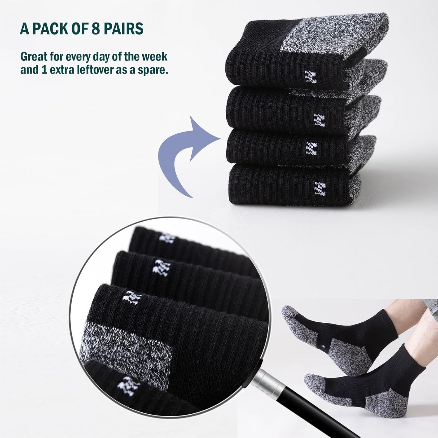 8-Pairs Men's Ankle Cotton Socks with Cushion, Athletic Running Socks Size 7-9/9-12/12-15 - Image 3