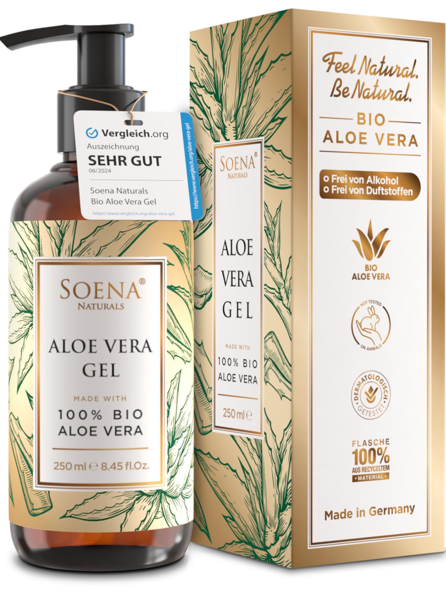 Aloe Vera Gel mit 100% BIO ALOE VERA | Ohne Alkohol & Duftstoffe| NATURKOSMETIK | Tierversuchsfrei - Feuchtigkeitspflege von Soena® - 250 ml - Aus Saft hergestellt - Made in Germany