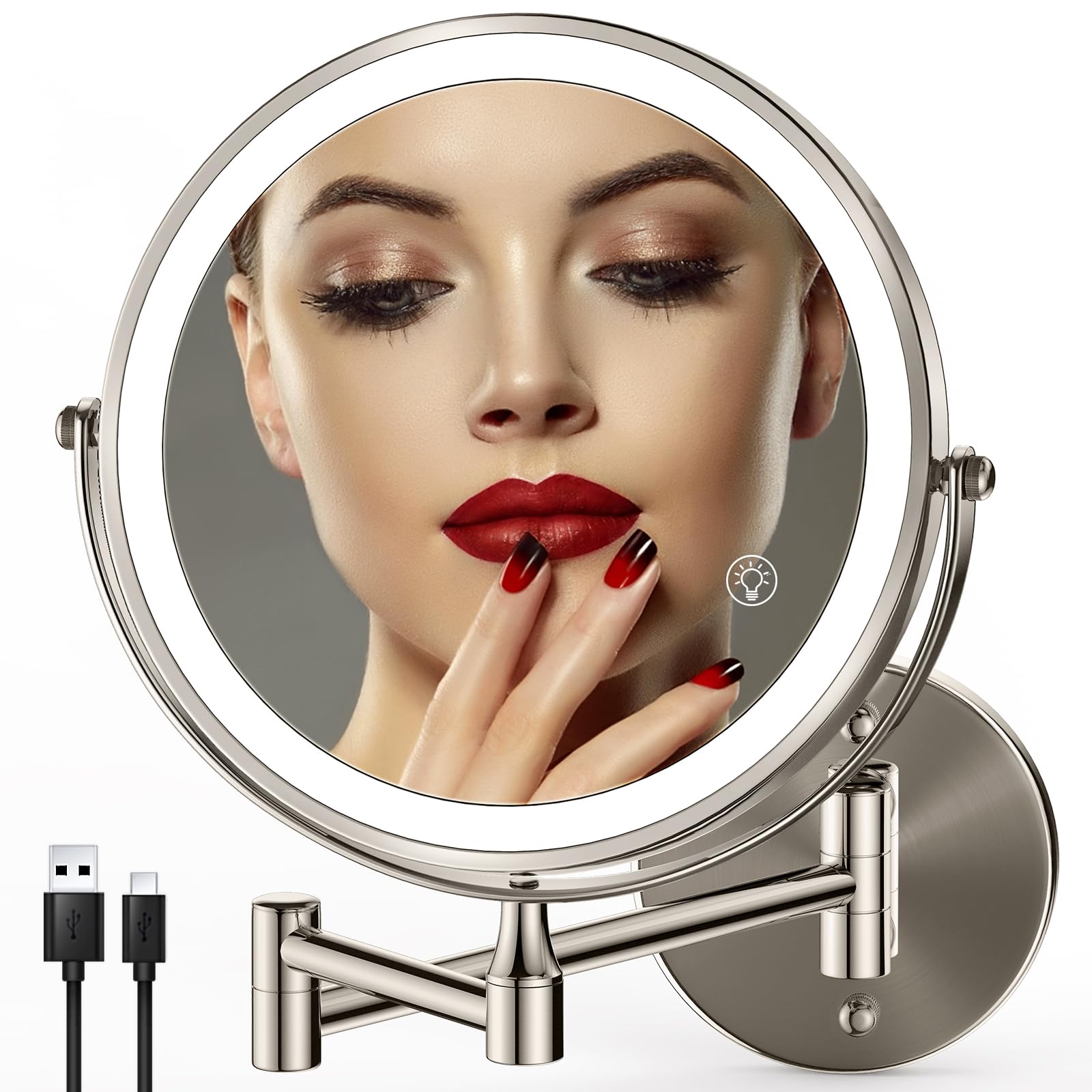 GREENFROM Rechargeable Wall Mounted Makeup Mirror Brushed Nickel, 8.5'' Magnifying Mirror with Lights Double-Sided 1X/10X 360° Rotation Extension Bathroom Shaving Mirror with Foldable Arm