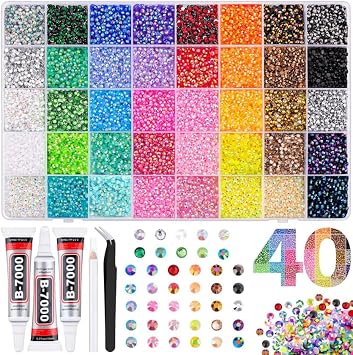35000Pcs Rhinestone Kit for Bedazzling, 40 Colors 3mm Flatback Gems with B7000 Jewelry Glue for Nail Art Diamond Art Crafting