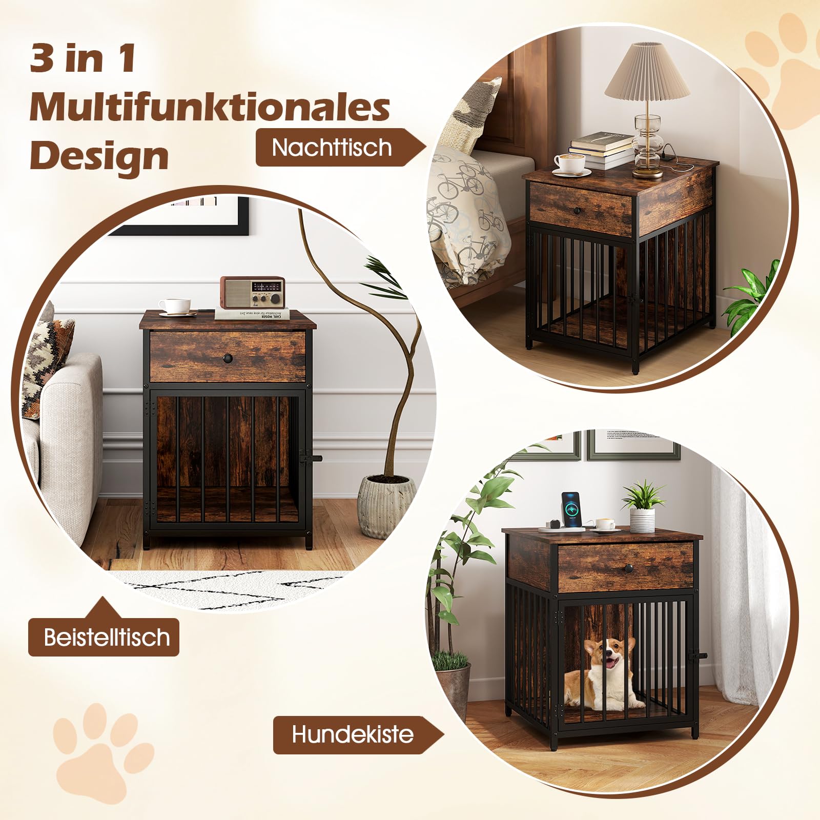 GOPLUS Hundekäfig Möbel, 60 cm Hundebox für zuhause, Hundehütte Metal für Haustiere mit Ladestation, abschließbare Tür, Indoor-Haus für kleine und mittelgroße Hunde, für Schlafzimmer & Badezimmer