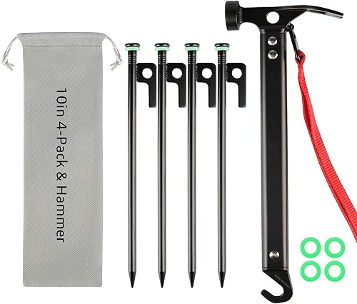 Juego de estacas resistentes y martillo, con removedor de estacas de tienda de campaña de 12 pulgadas + clavijas de acero de 10 pulgadas + bolsa de
