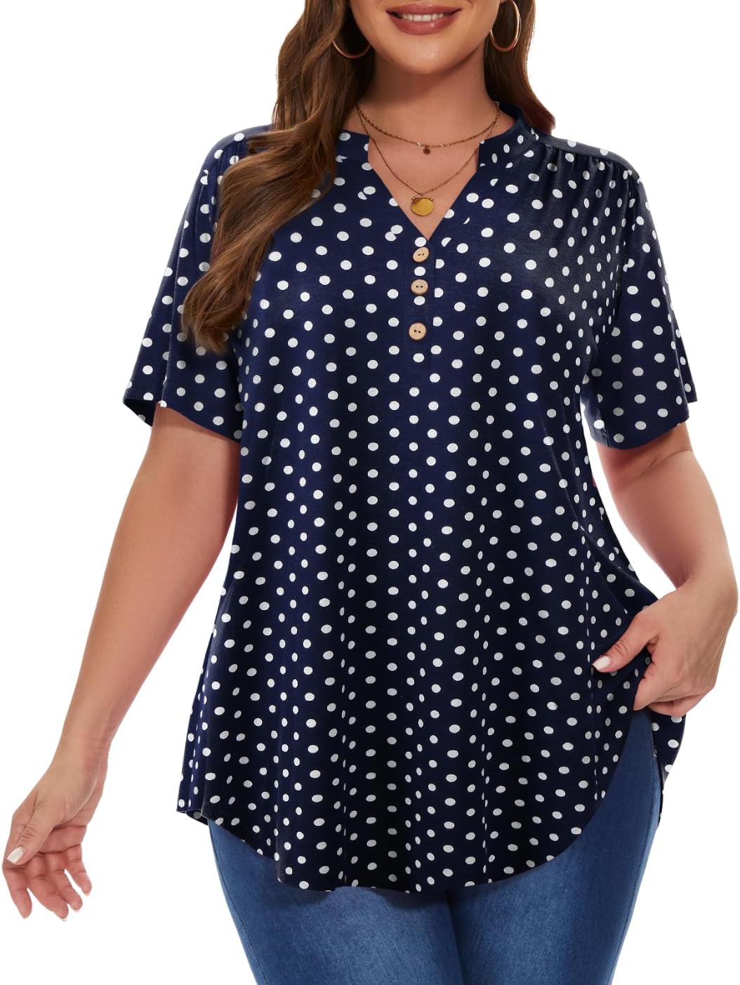 MONNURO Womens Plus Size Tops Short Sleeve Henley Button Down T Shirts Business Blouses Casual Tunics For Leggings