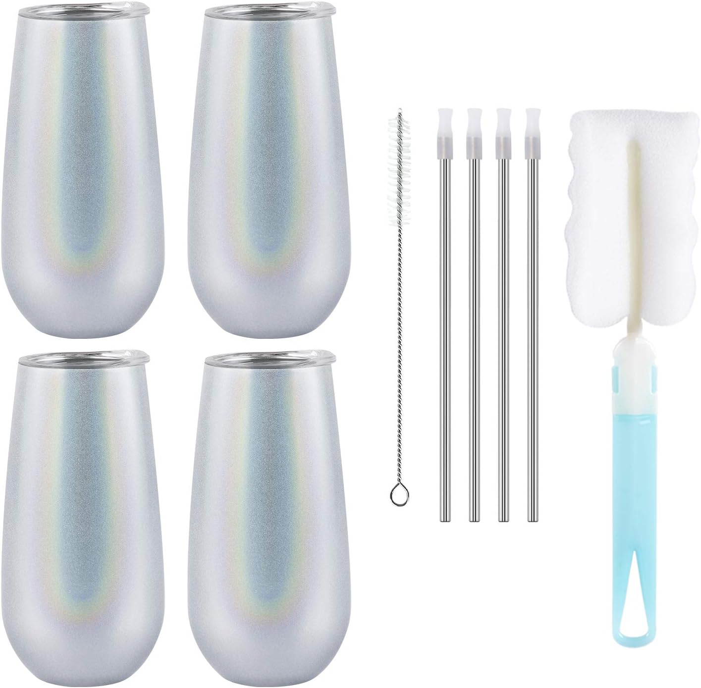 4 Pack Stemless Double Insulated Champagne Flute Tumbler with Lid, 6 Oz Unbreakable Reusable Cocktail Champagne Toasting Glasses, Great Gift for Friends Family Christmas Birthday, Glitter White - Image 7