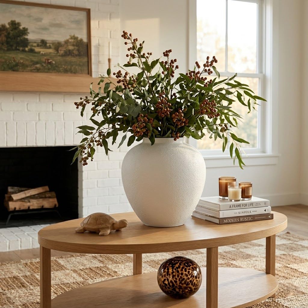 Metallvase Modern 29 cm – Große Dekovase für Pampasgras & Trockenblumen, Runde Vintage Metall Vase Wohnzimmer Deko, Rustikale Tischvase Industrial Stil, Weiß