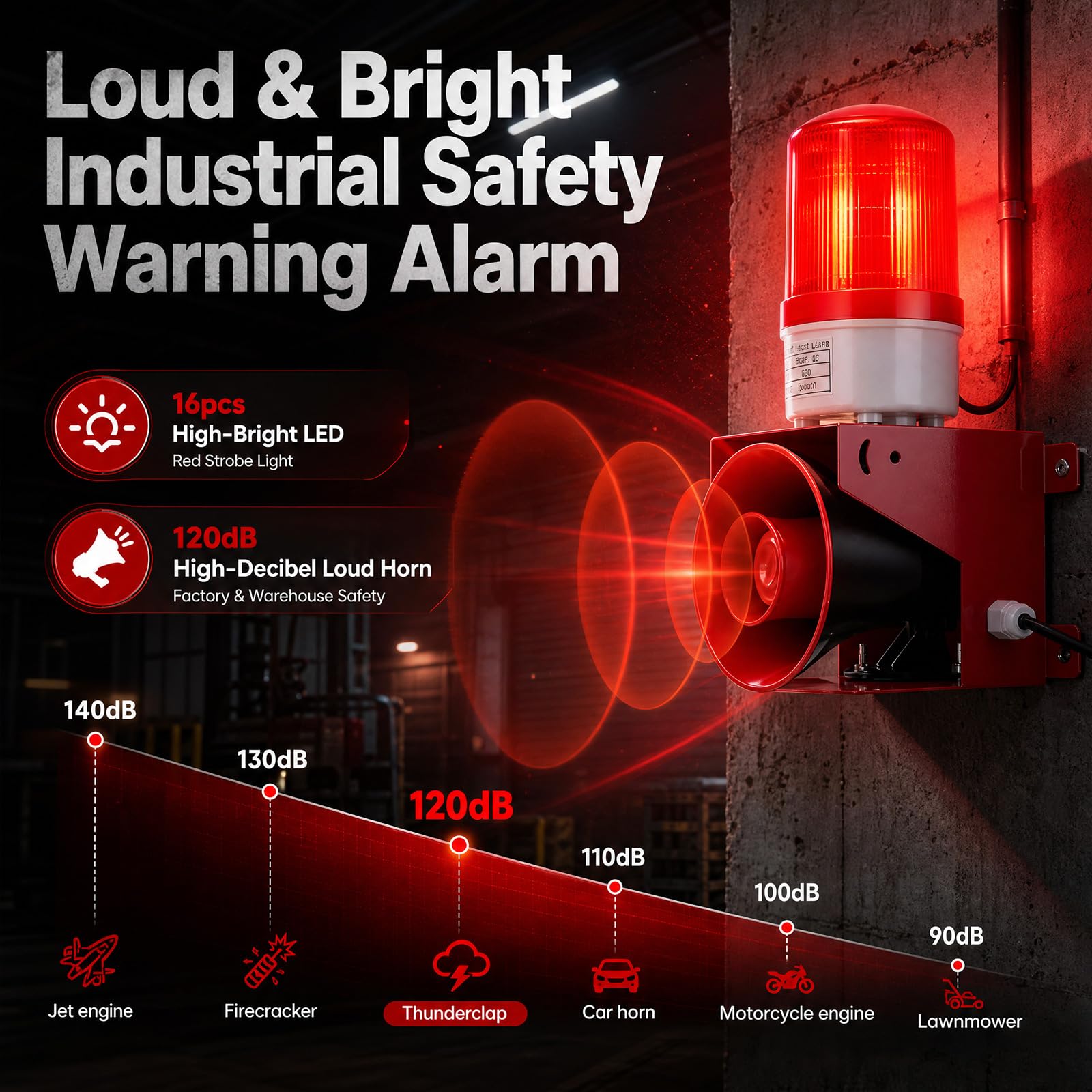 Sirena D'allarme Industriale, Sirena Luminosa E Sonora Da 120 Db D'allarme Industriale A Led Impermeabile IP65 Adatta Per Uso Interno Ed Esterno Spina Eu 220 V Suono Chiaro E Potente