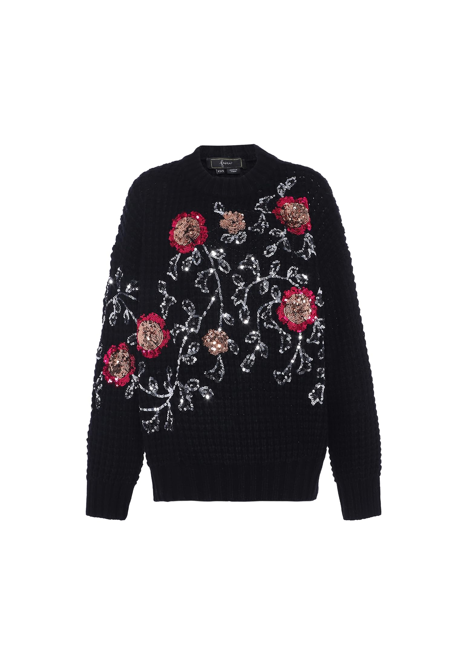faina Damski sweter z cekinami, kwiat, okrągły dekolt, sweter, sweter, czarny, rozmiar M/L, czarny, M