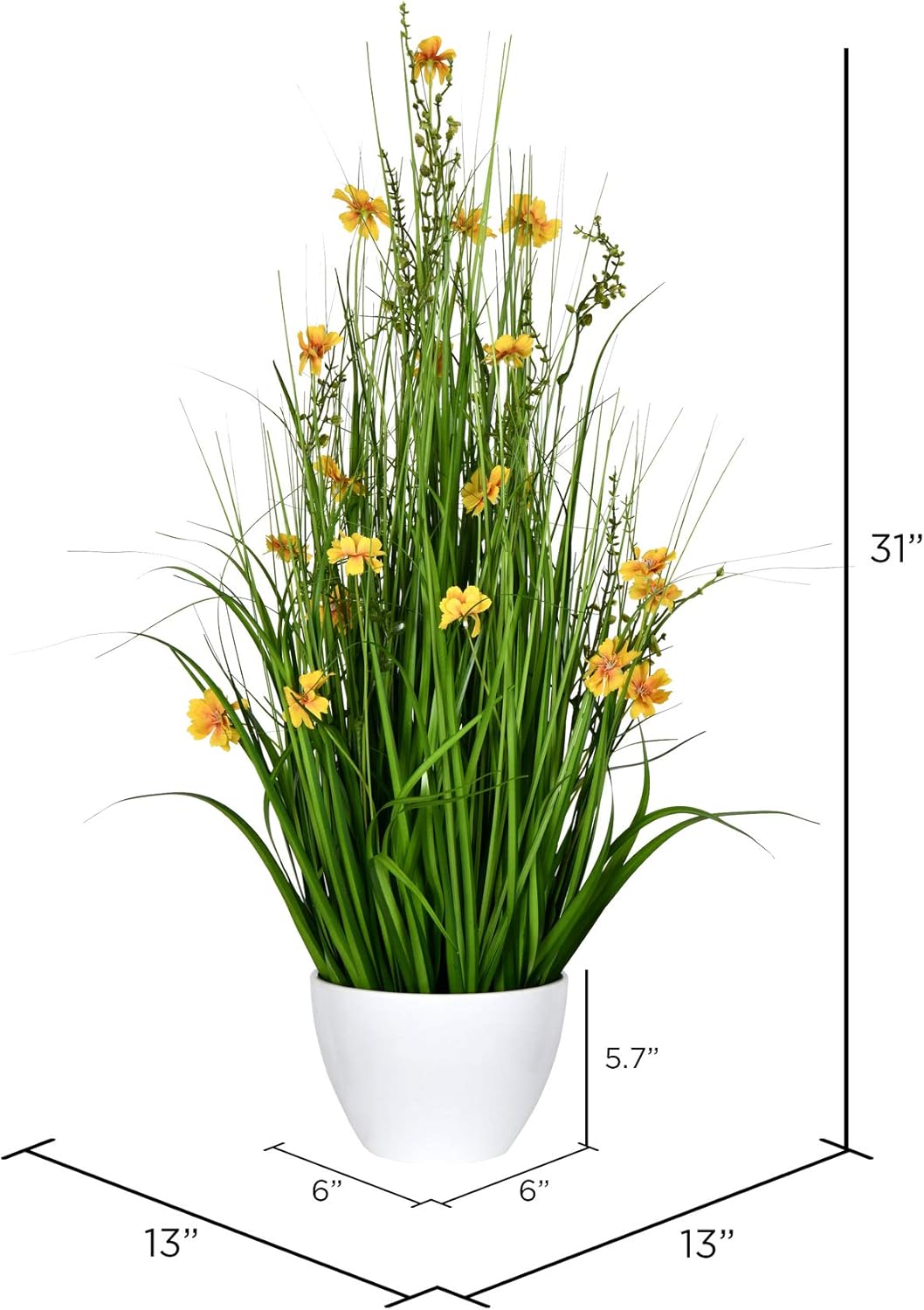 Vickerman Everyday 31" Indoor Artificial Potted Yellow Cosmos and Green Grass - Classic White Pot - Realistic Looking Colorful Foliage of Durable Polyester - Maintenance Free