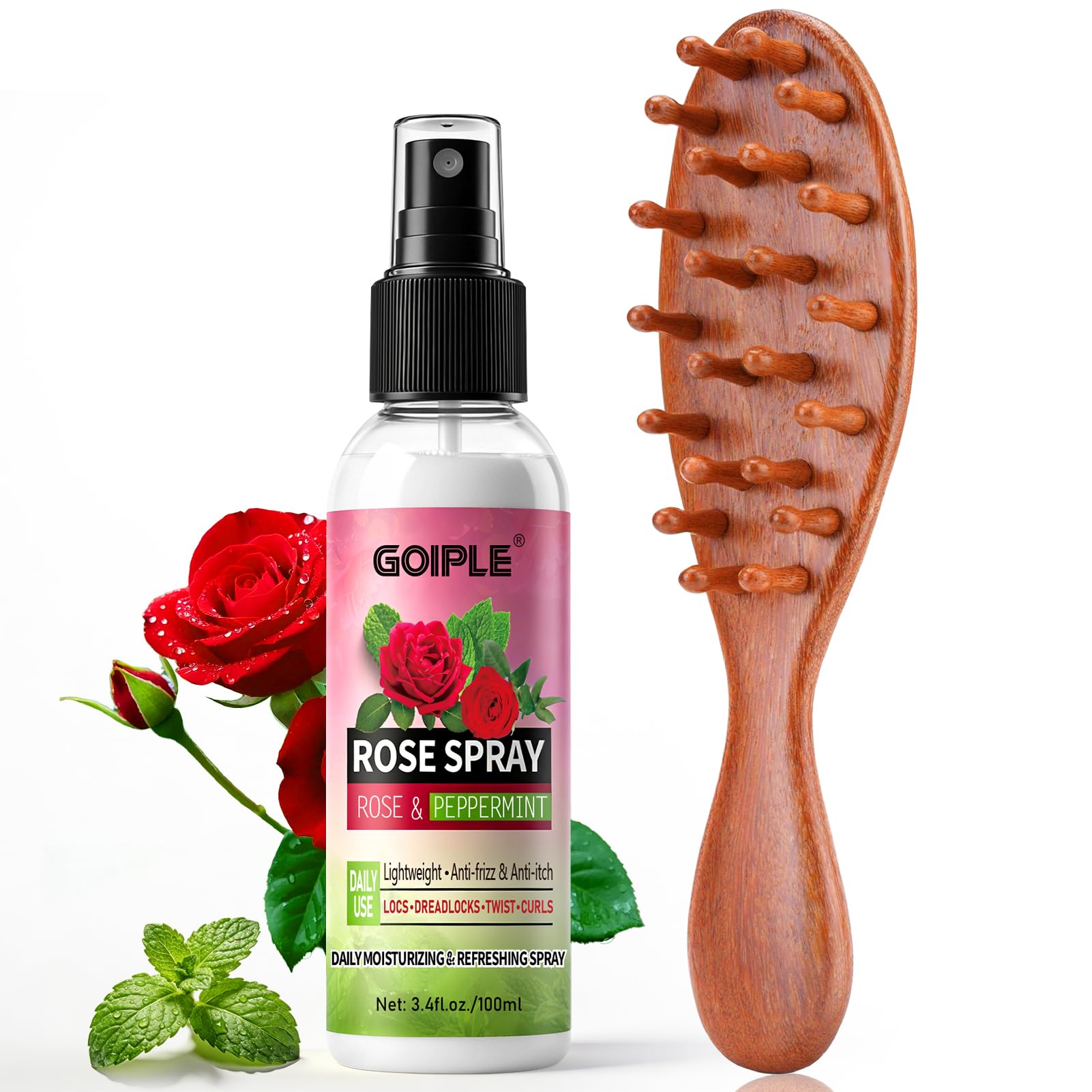 Rose Water for Hair Loc Spray Refreshing for Locs - Rose Water Scalp Moisturizer Hydrating Dreadlock Rosewater & Peppermint Spray - Oversize Loc Brush for Dreads Comfortable Massage Wide Tooth Comb