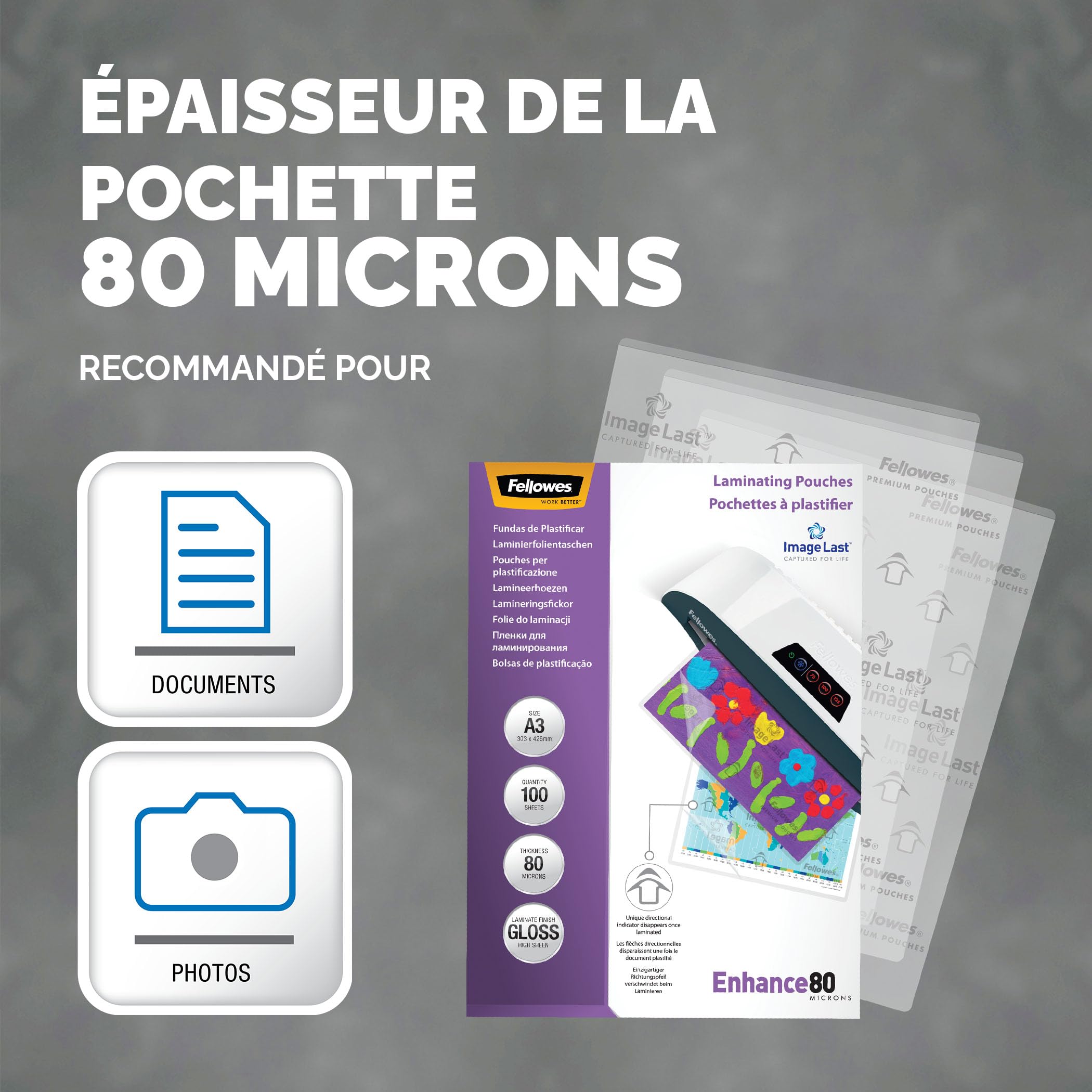 Fellowes Pochette Plastification 80 Microns A3 Pack 100 Feuilles Finition Brillante