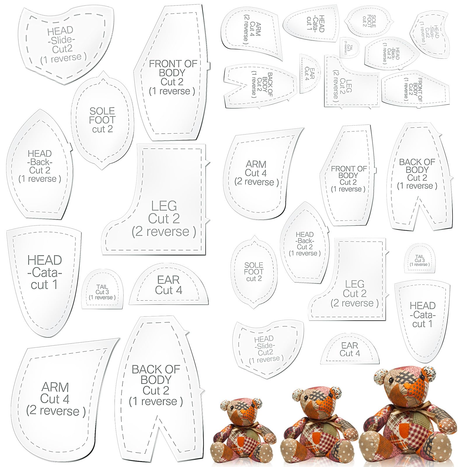 Chunful 30 Pcs Memory Bear Sewing Patterns Acrylic Template Ruler Set Stuffed Animal Quilting Template Cutting with Instructions Large Sewing Pattern for Beginner Art Craft Tools Home, 10, 12, 15 inch