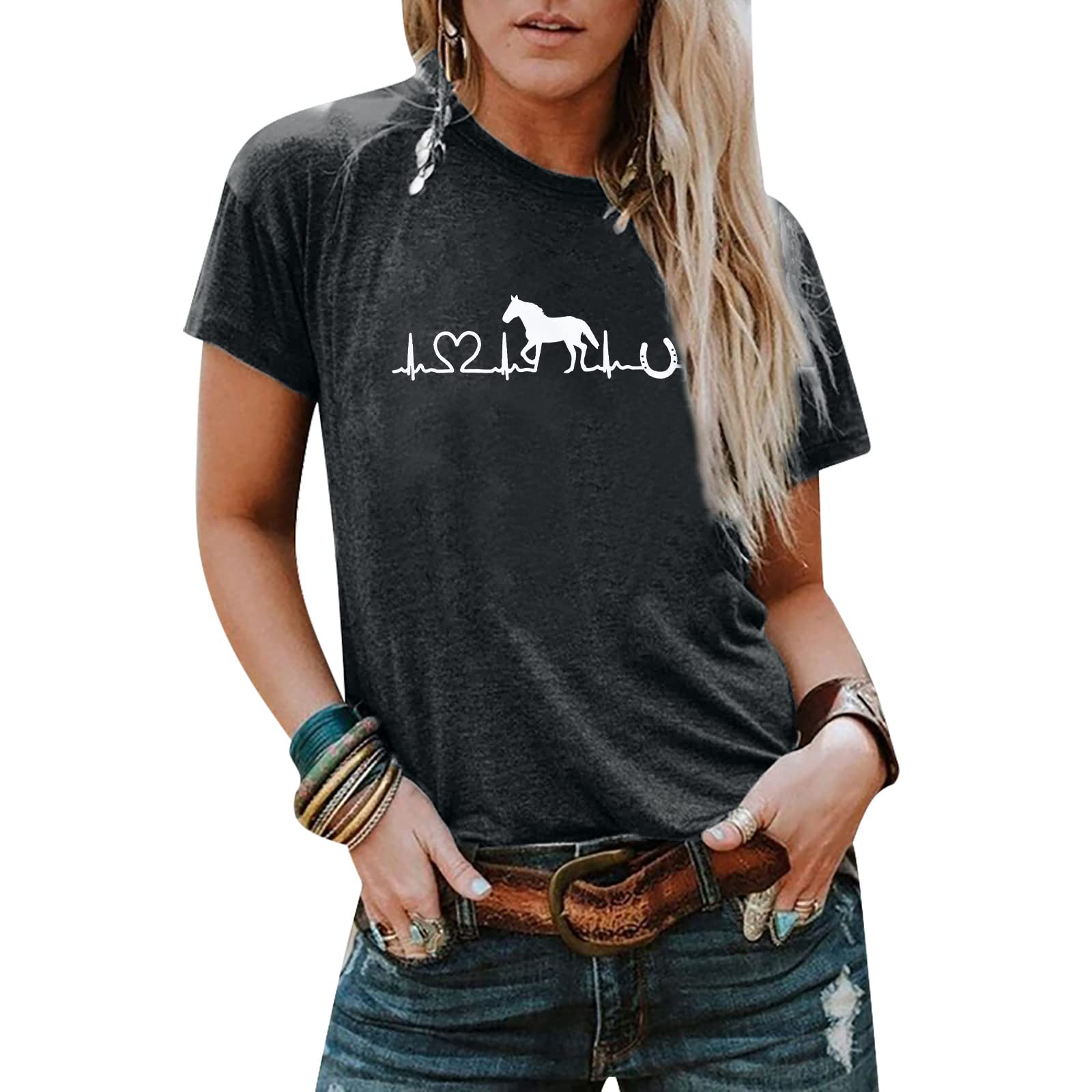 UNIQUEONEHorse Lover T-shirt Women Western Shirts Horse Gifts for Girls Western Graphic Tees Casual Short Sleeve Tops
