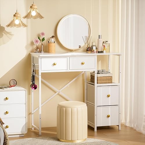 Miniatura 5 de Escritorio de tocador blanco sin espejo, pequeño escritorio de maquillaje con 4 cajones de tela, tocador de 33.5 pulgadas con almacenamiento, mesa