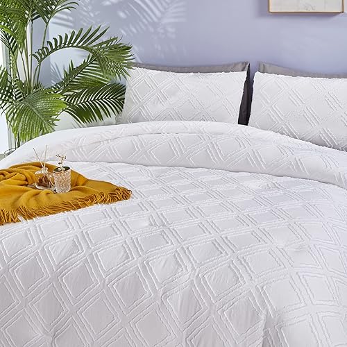 Miniatura 4 de Luxlovery Juego de edredón de jacquard blanco, tamaño King, bohemio, color blanco liso, copetudo con bordado de diamante, acogedor y bohemio, juego