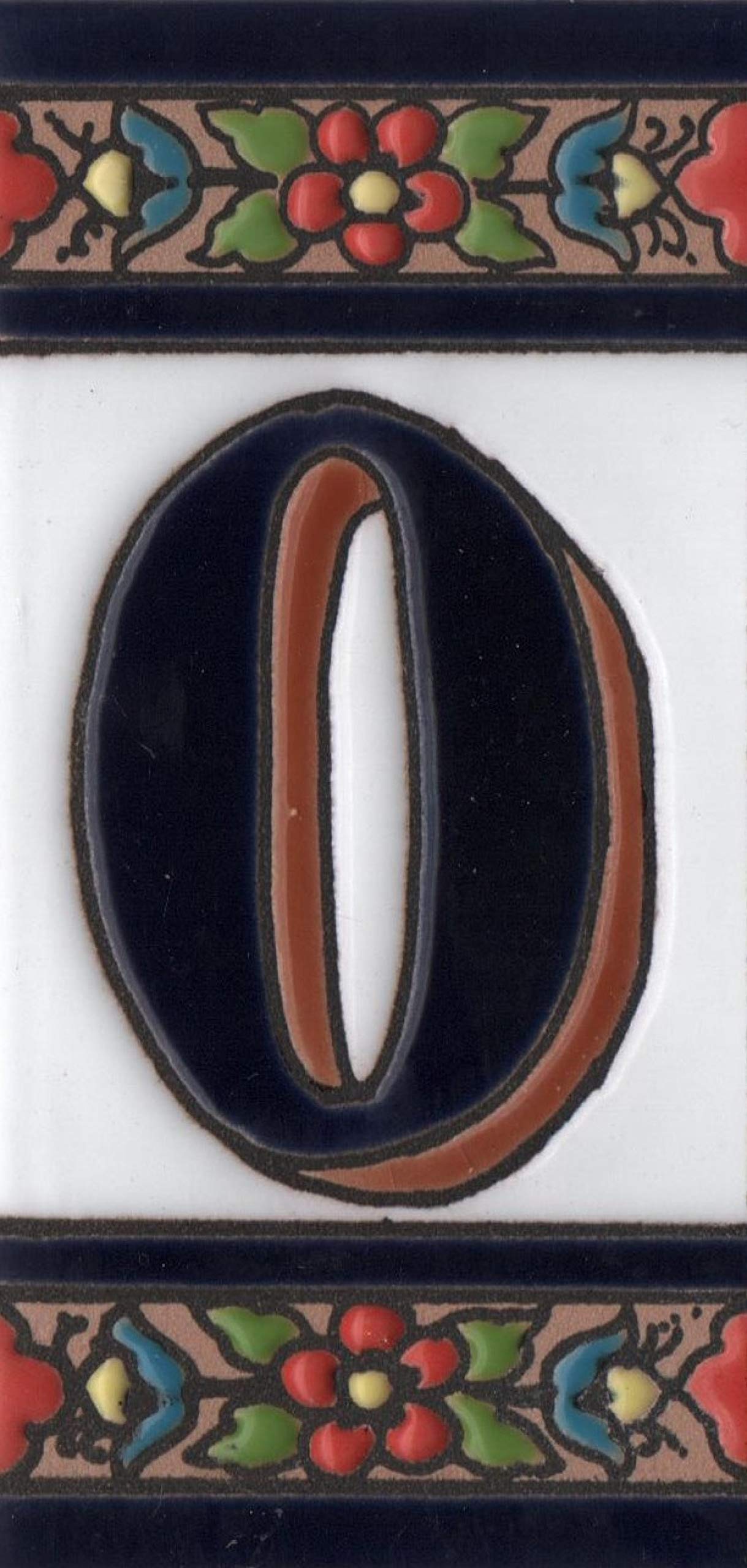 House Numbers Ceramic Numbers & Letters Tiles Red Blue & Green Floral Design Tile Size: 11cm x 5.5cm (Letter/Number O)