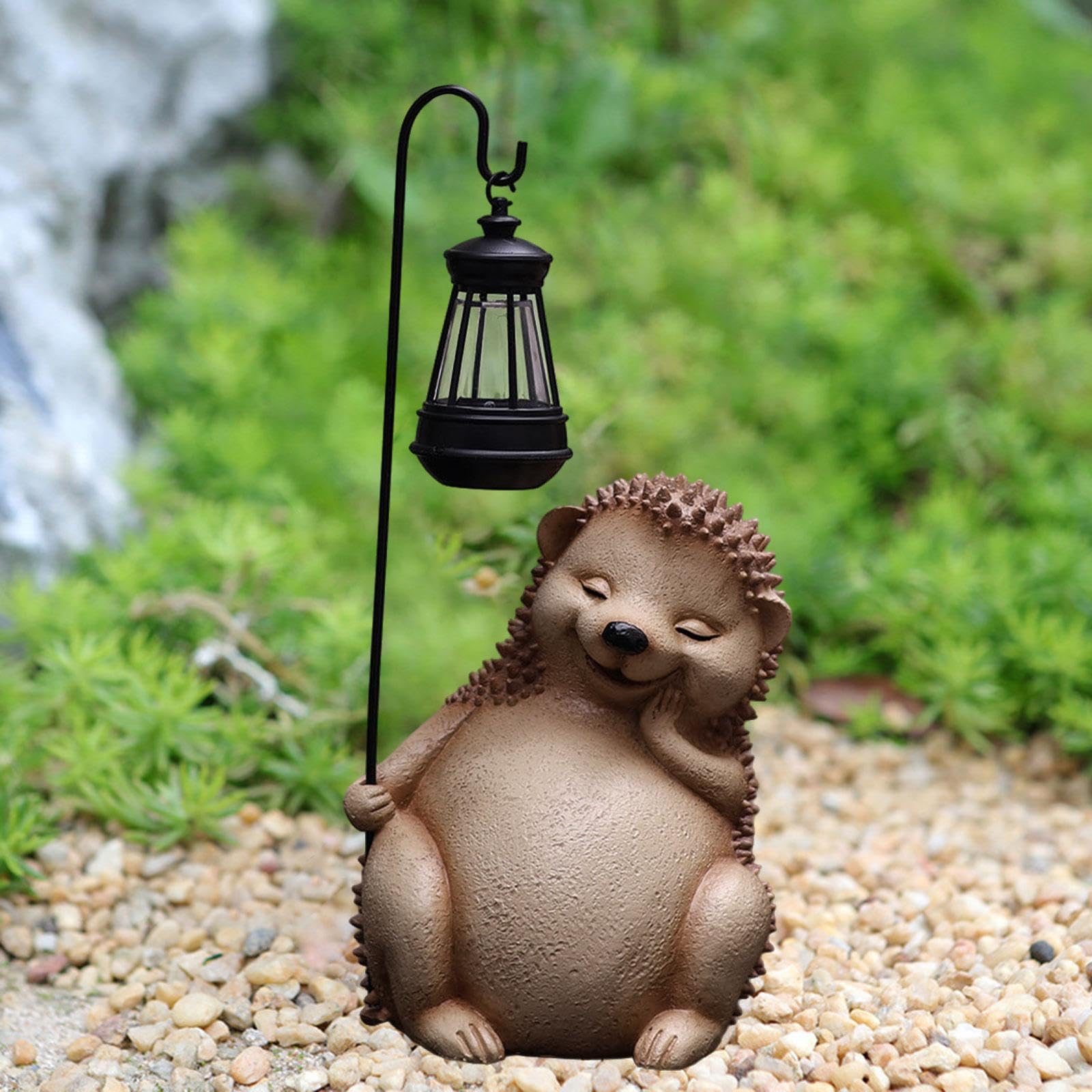 predolo Escultura de Animal de Resina, Estatua de Jardín con Luz Solar, Figura de Erizo con Farol para Uso Exterior, Ideal para Un Cumpleaños, MARRÓN