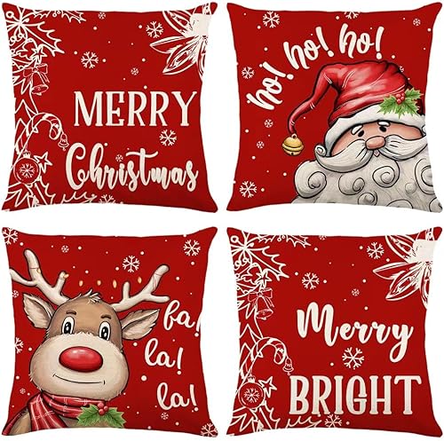 Juego de 4 fundas de almohada navideñas de 18 x 18 pulgadas, diseño de muñeco de nieve, renos, fundas de cojín decorativas de invierno para sofá,
