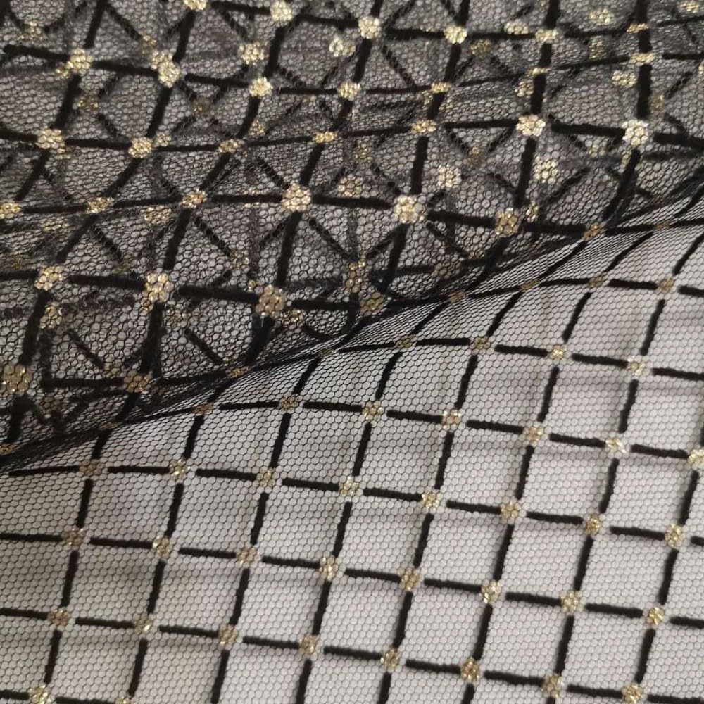 Net Flocking Geometric Diamond Grid Mesh Lace Fabric for ' Tulle Dress Wedding Gauze Skirt Garment Sewing Decorative Fabric - (Color: Black Gold/Size: 45X150Cm(0.5 Yard) - 35G)