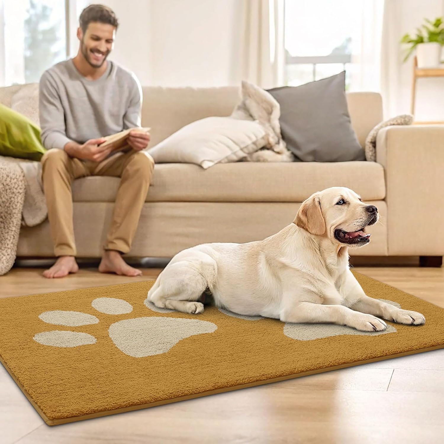 Buganda Dog Door Mat for Muddy Paws, Absorbent Dirt Trapper Washable Indoor Doormats, Non Slip Low-Profile Mud Mat for Dogs, Front Entrance Doormat for Inside Floor (36x24 Inches, Yellow)