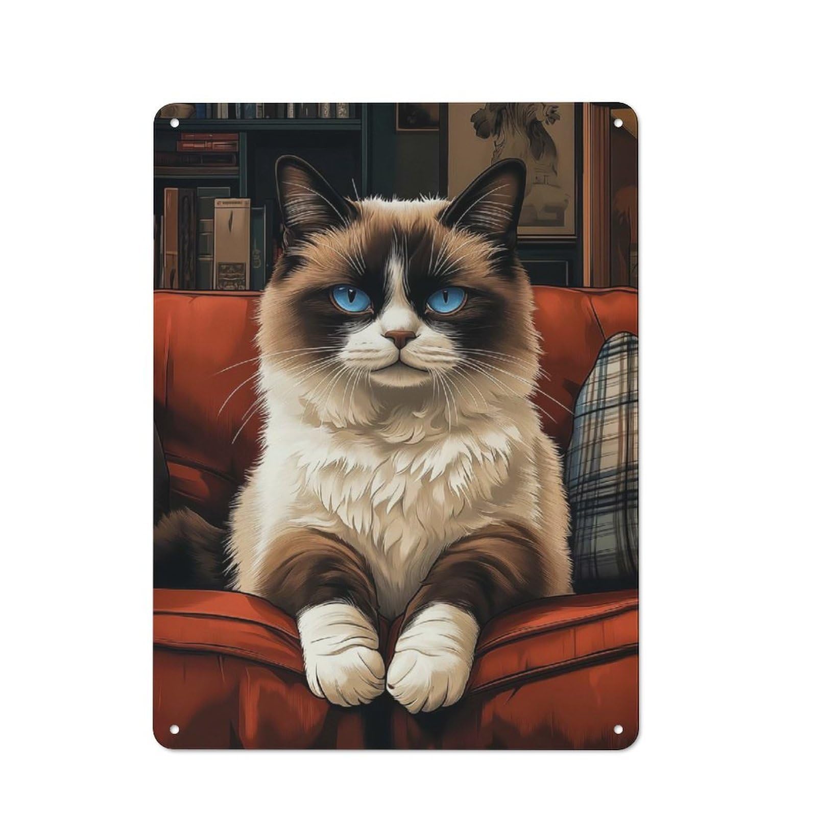 Junmoney Style-21 Metal Plaque With Ragdoll Cat On Red Couch Design 40X30cm, Cosy Diner Style Decor For Coffee Bar, Kitchen, Bistro Or Tea Corner
