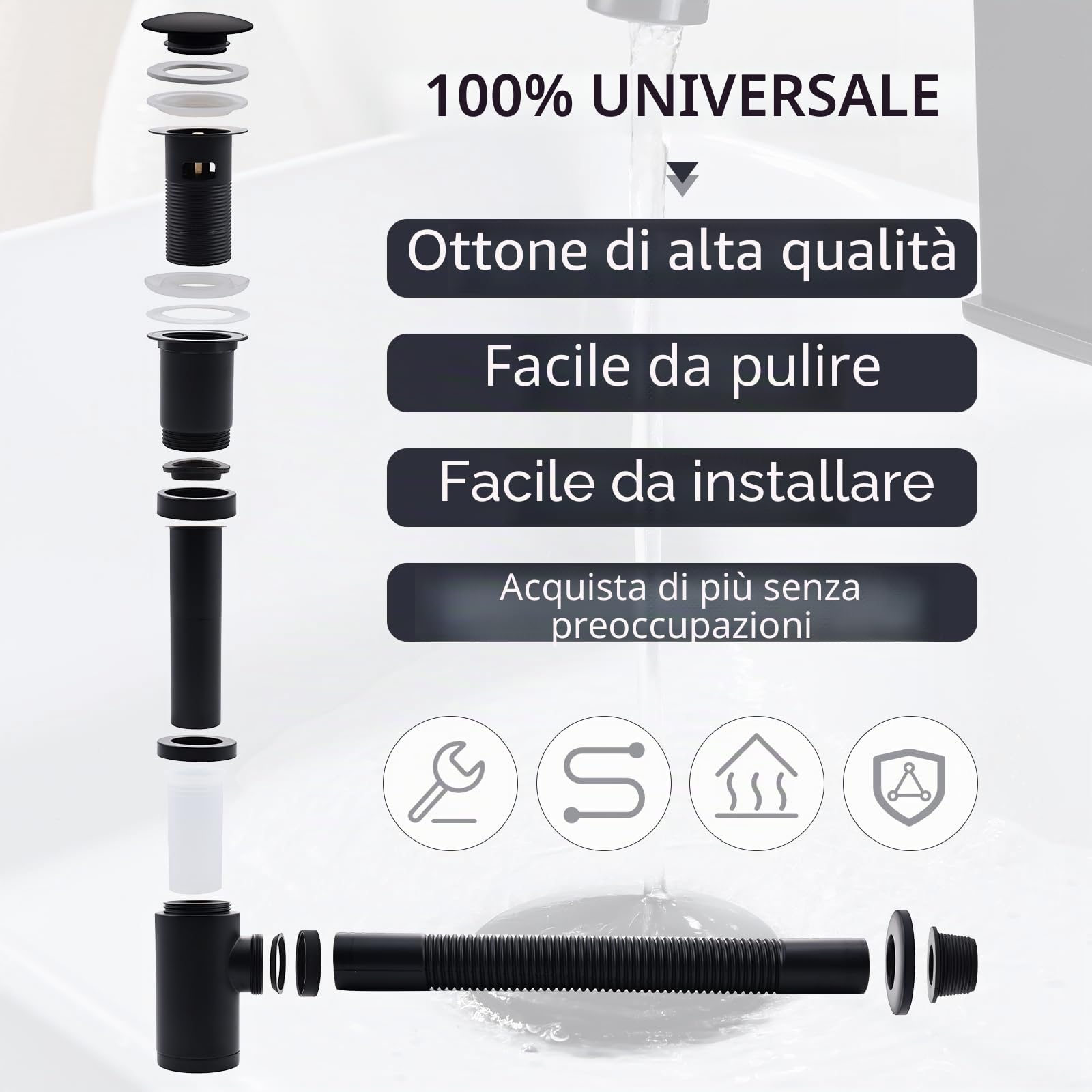 HOMELODY sifone lavabo bagno di design con piletta di scarico per lavabi nero opaco, sifone universale in ottone, tappo per lavabo, sifone salvaspazio con apertura per la pulizia