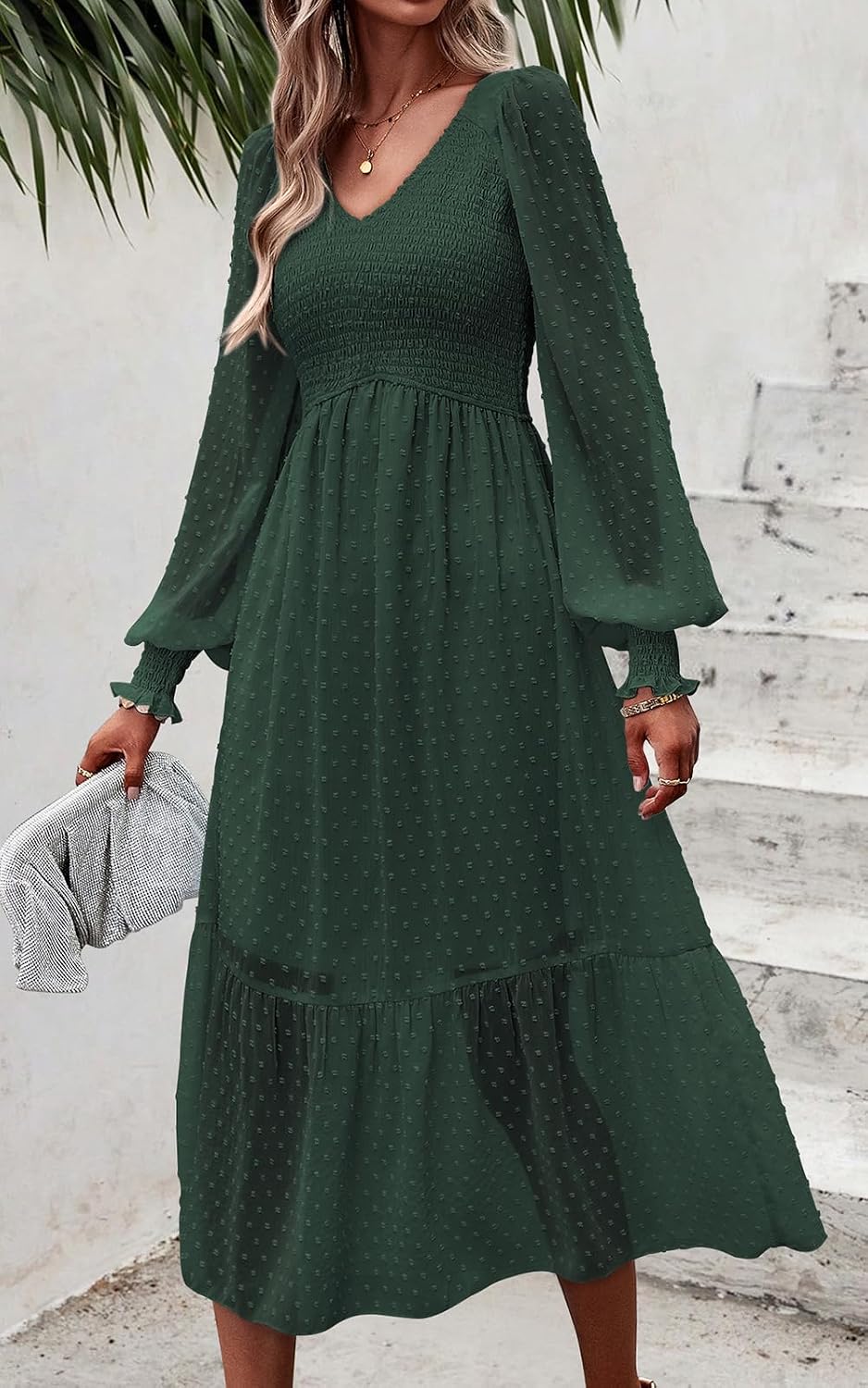 PRETTYGARDEN Women's Spring Dresses Long Sleeve V Neck Swiss Dot Empire Waist Chiffon Dress Ruffle Smocked Midi Dresses